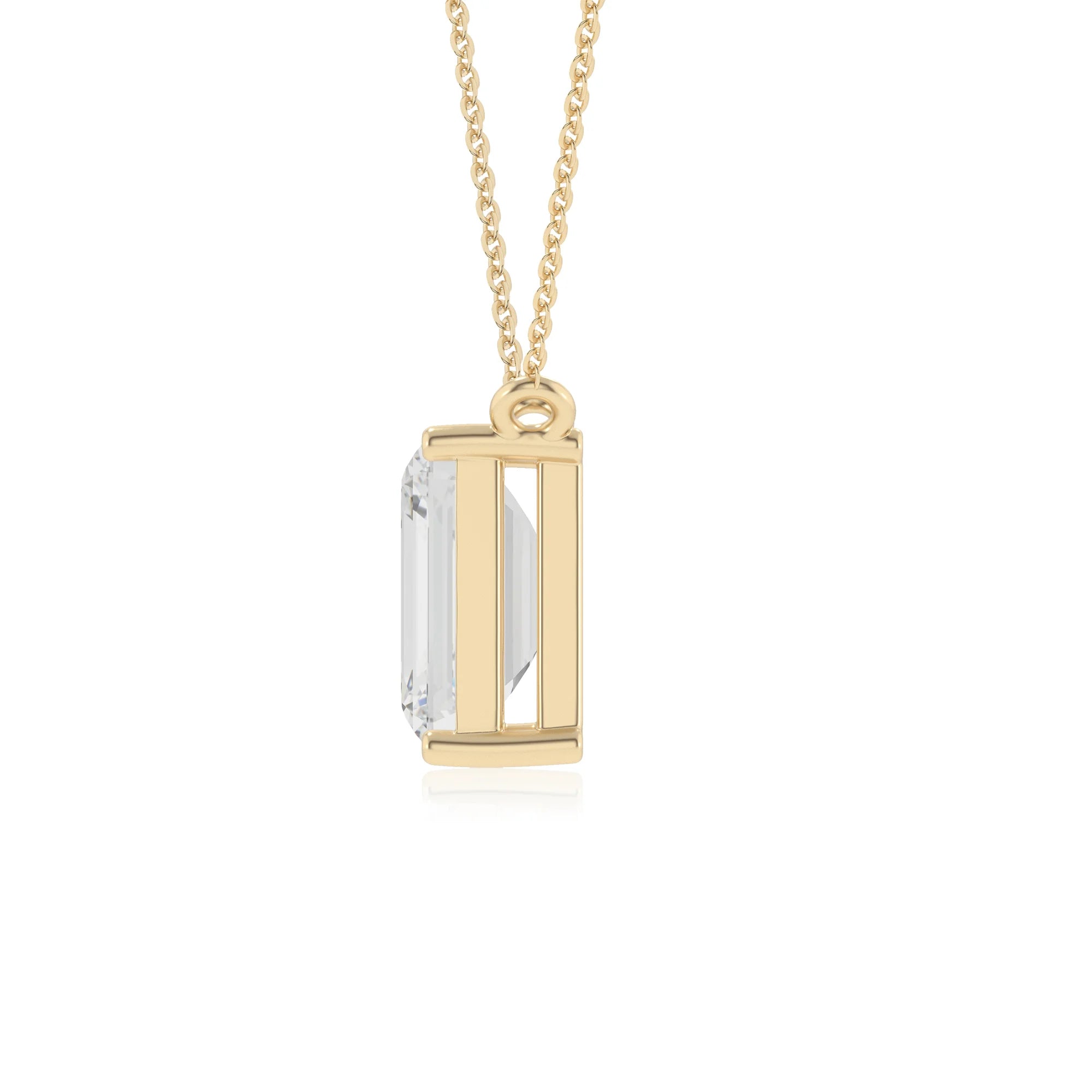 lab grown moissanite emerald cut solitaire necklaces in yellow gold 