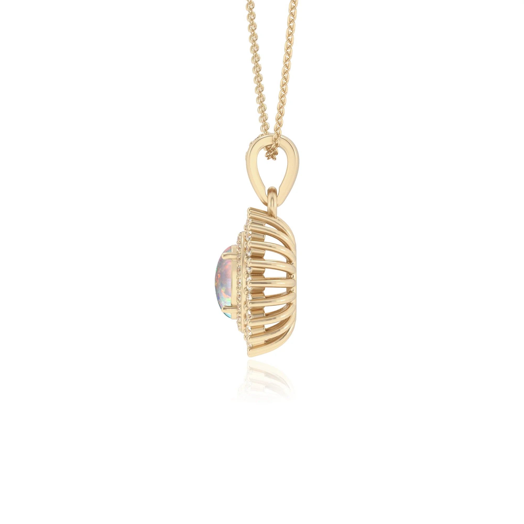 lab grown opal oval halo necklaces in yellow gold 
