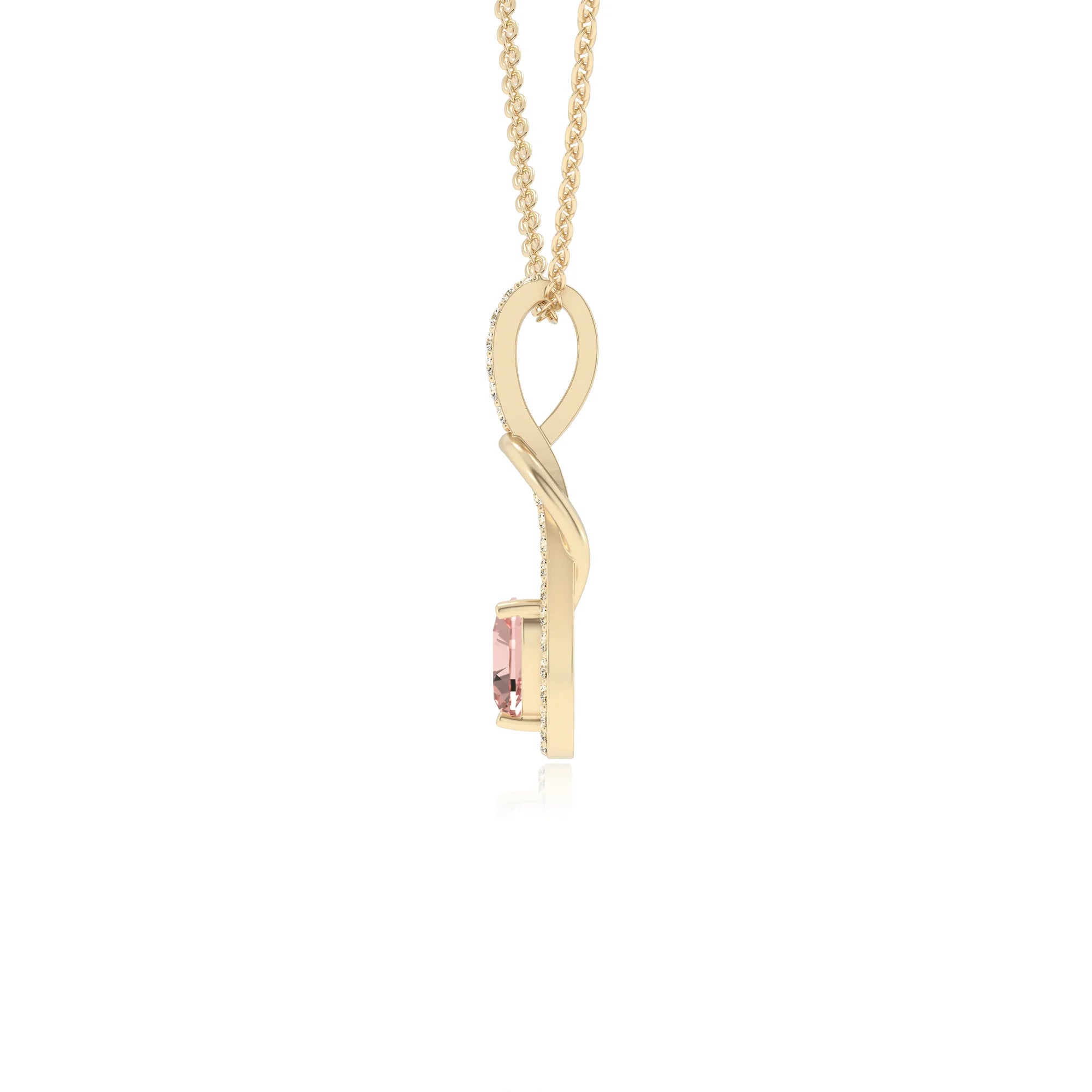 lab grown morganite heart infinity  v-bale necklaces in yellow gold 