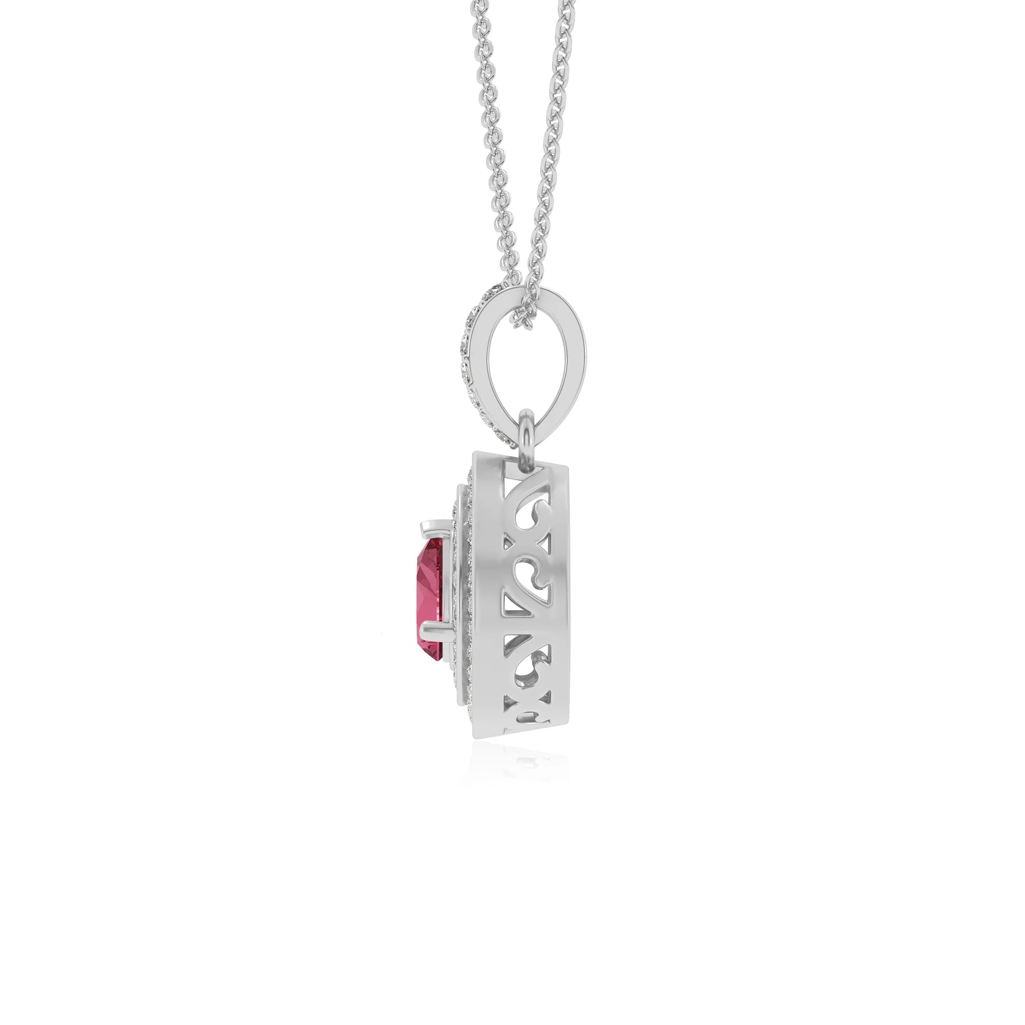 lab grown pink-tourmaline pear halo necklaces in white gold 
