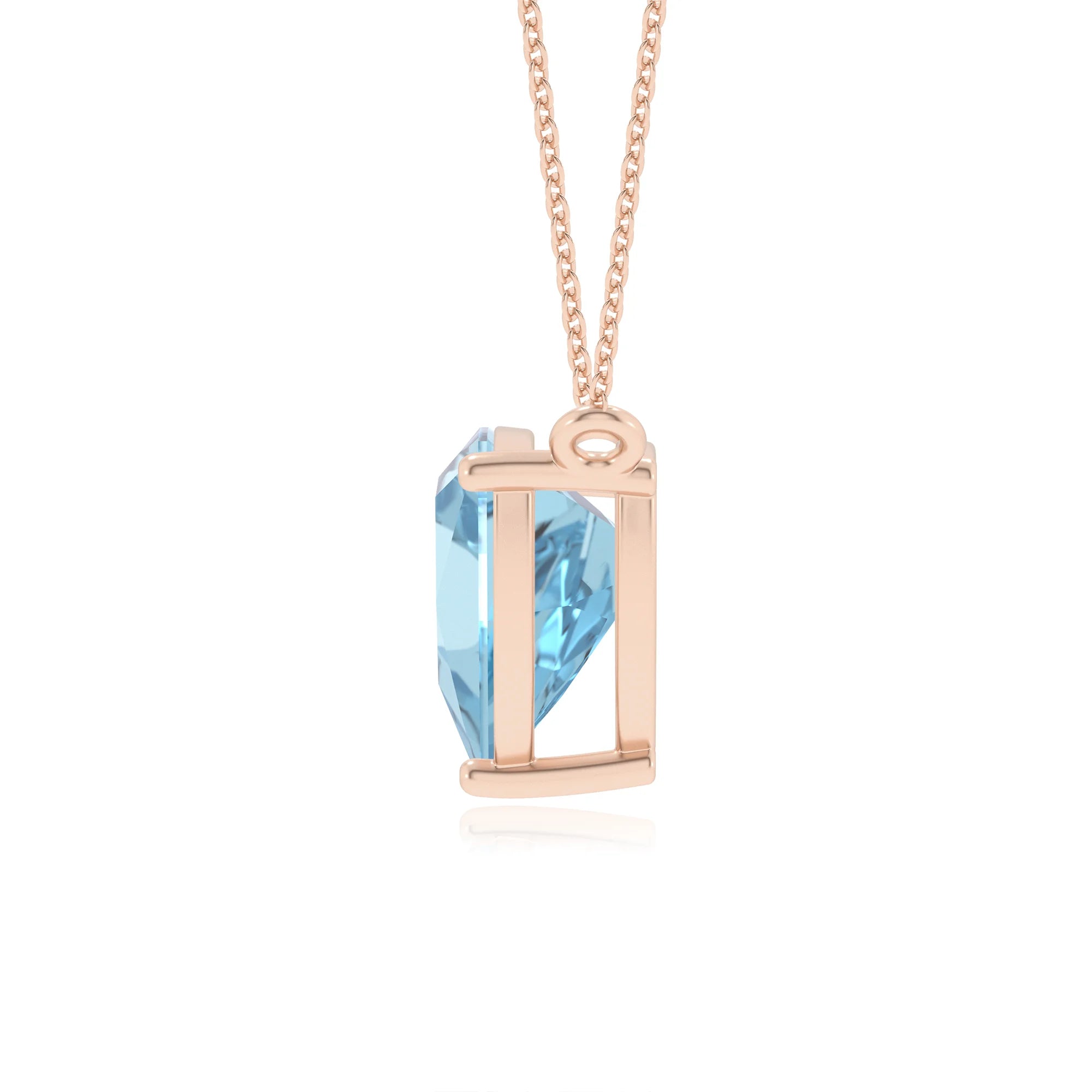 lab grown aquamarine trillion solitaire necklaces in rose gold 