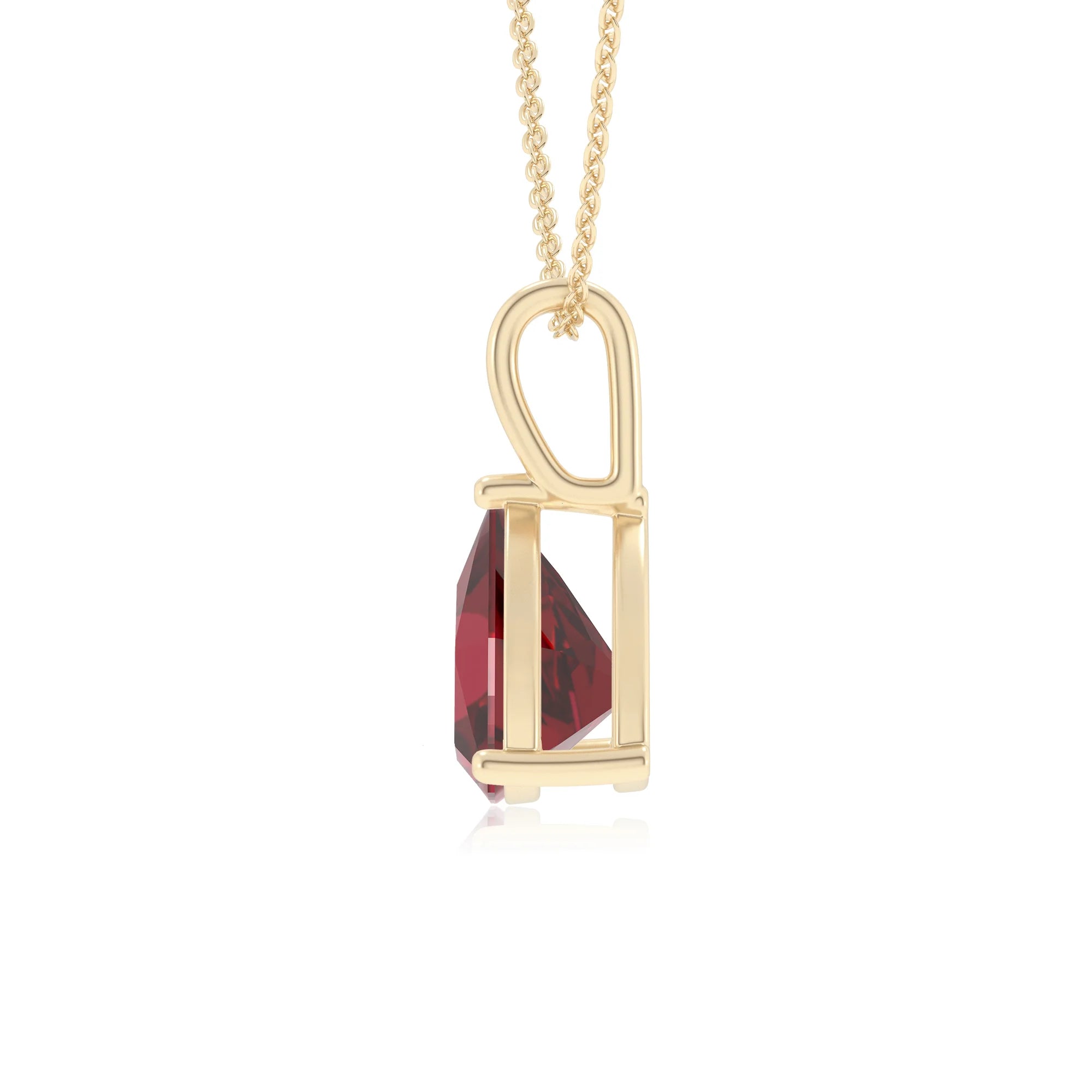 lab grown ruby trillion solitaire necklaces in yellow gold 