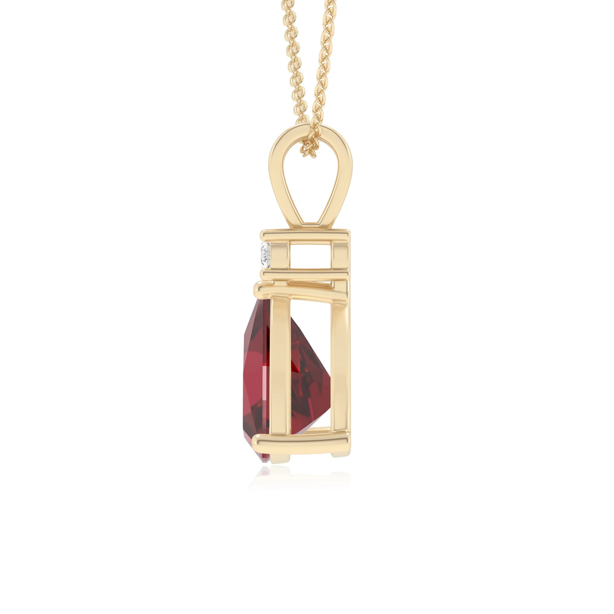 lab grown ruby trillion solitaire v-bale necklaces in yellow gold 