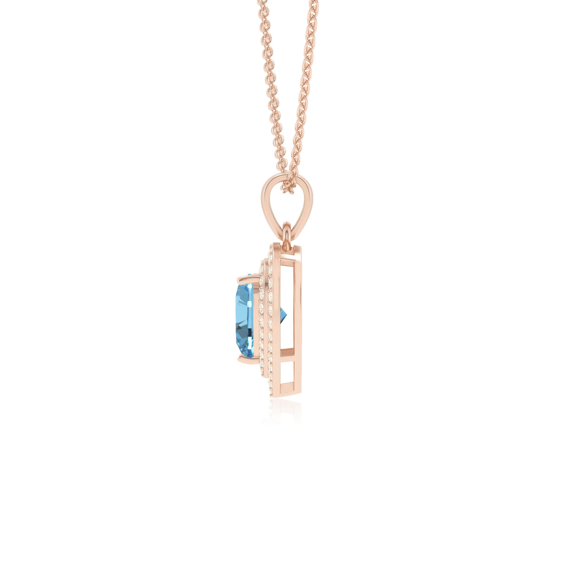 natural swiss blue topaz heart halo necklaces in rose gold 