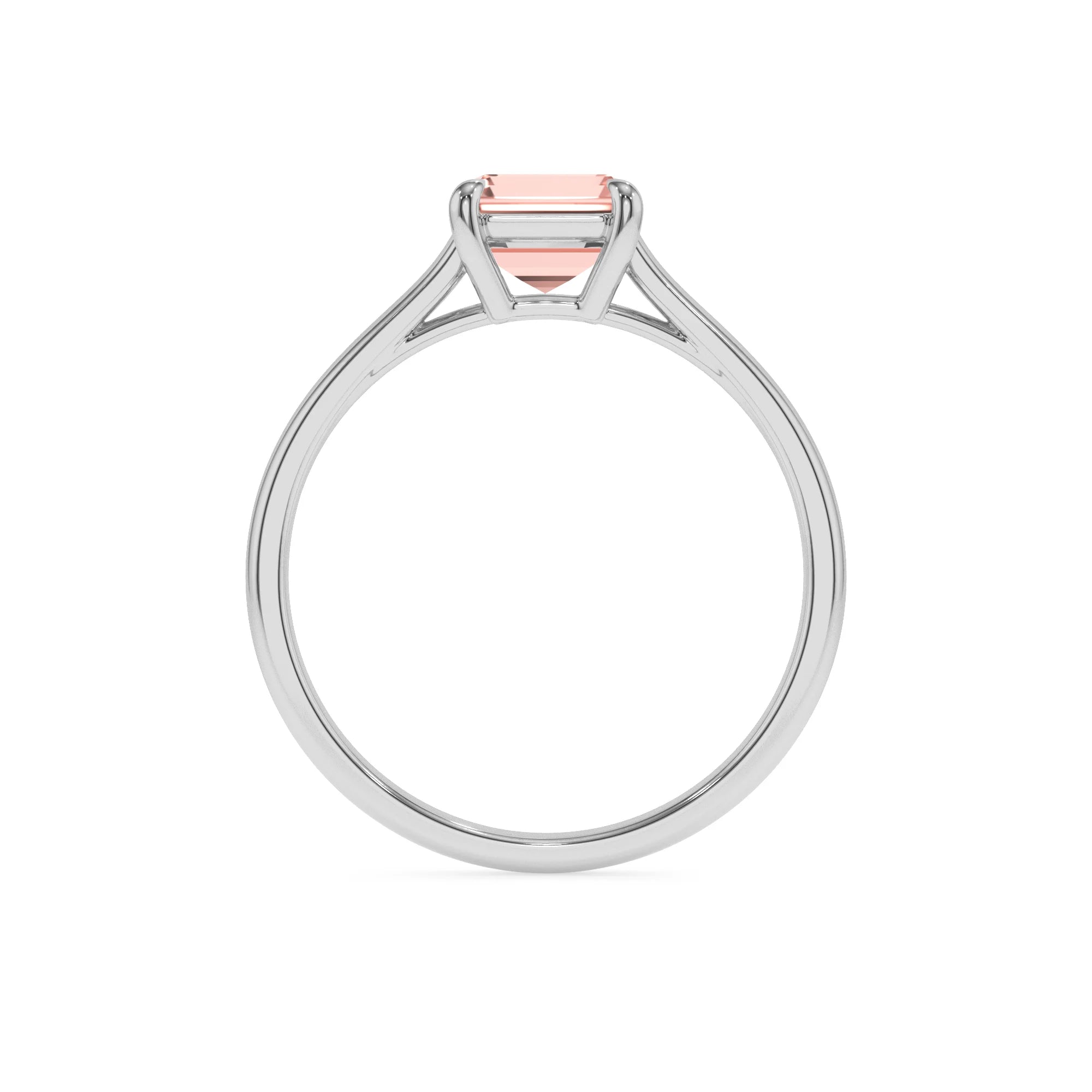 lab grown morganite emerald cut solitaire rings in white gold 
