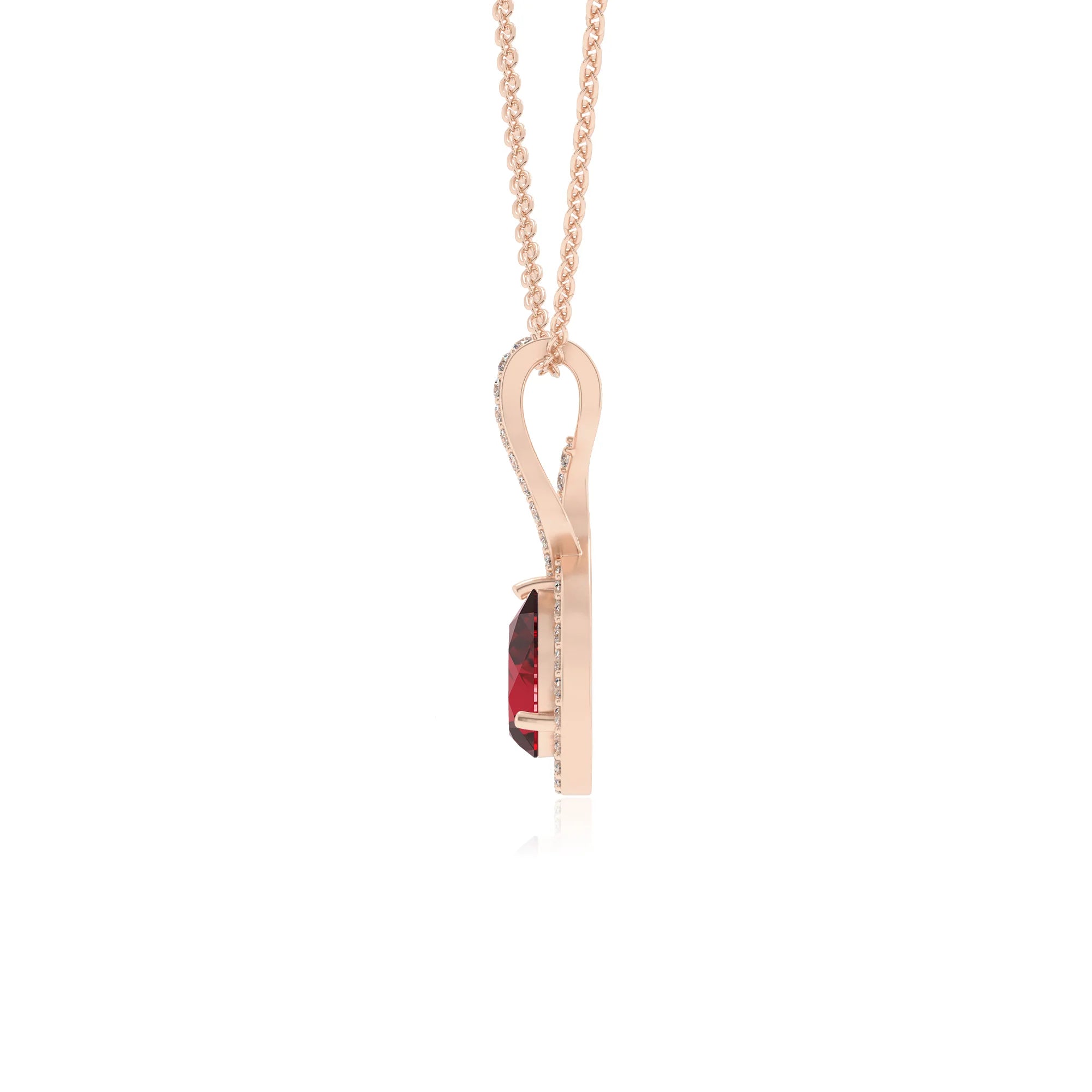lab grown ruby pear necklaces in rose gold 