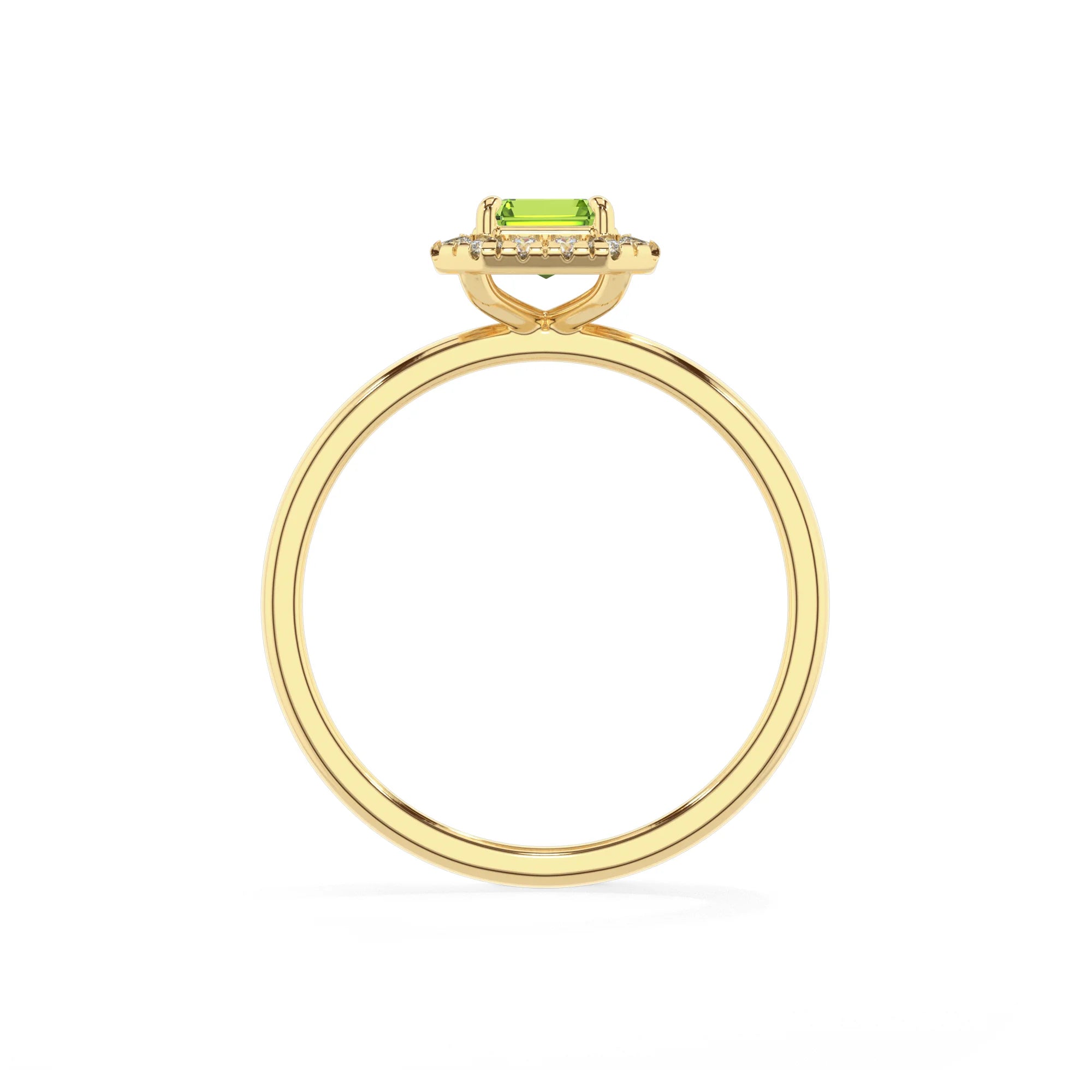 natural peridot emerald cut solitaire rings in yellow gold 