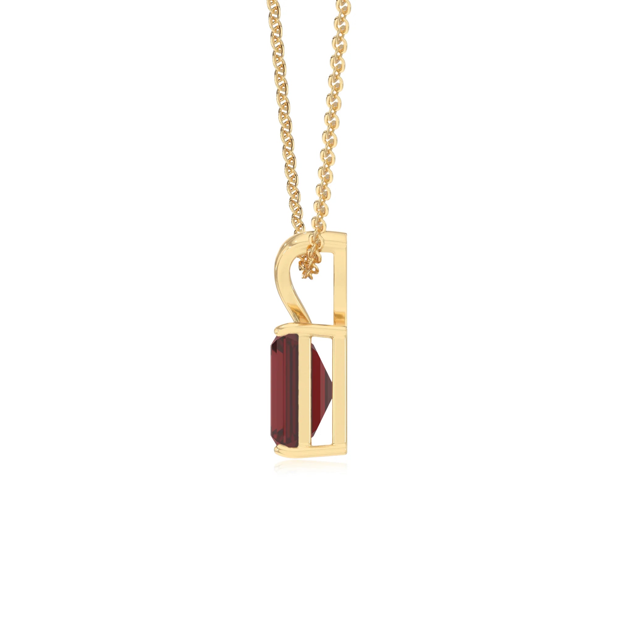 natural garnet emerald cut solitaire v-bale necklaces in yellow gold 