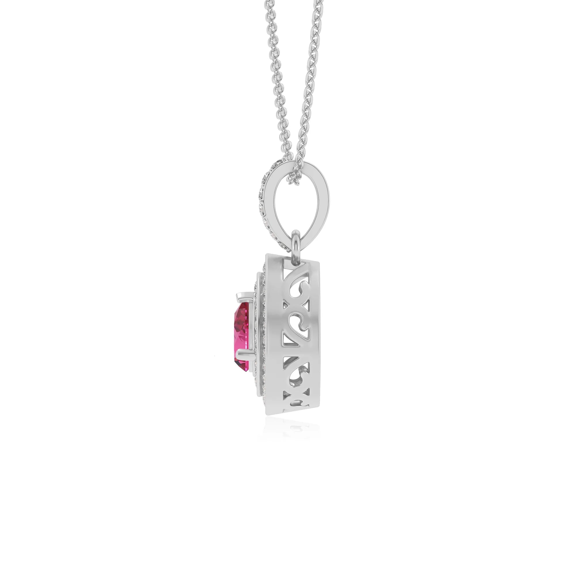 lab grown pink-sapphire pear halo necklaces in white gold 