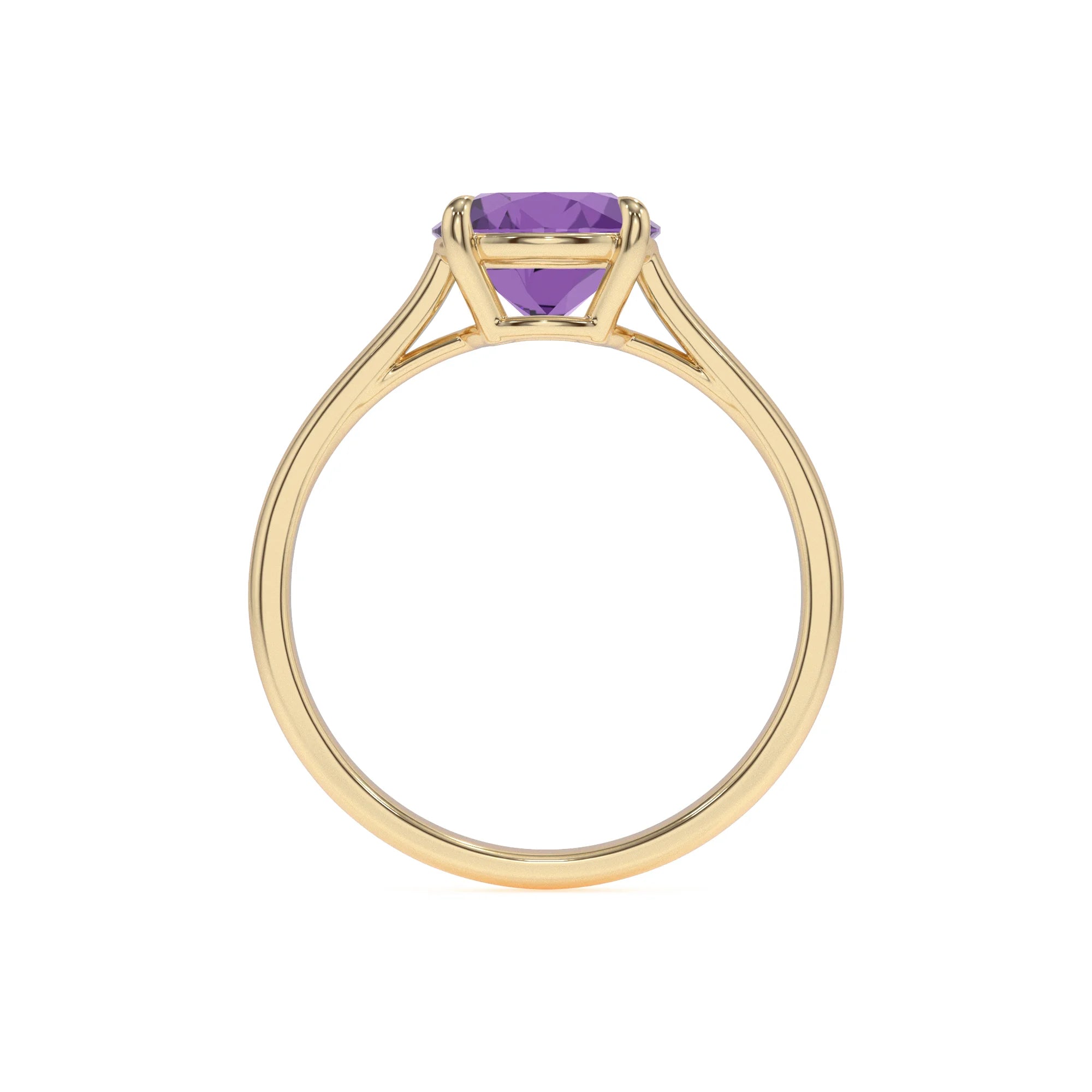 lab grown amethyst round solitaire rings in yellow gold 
