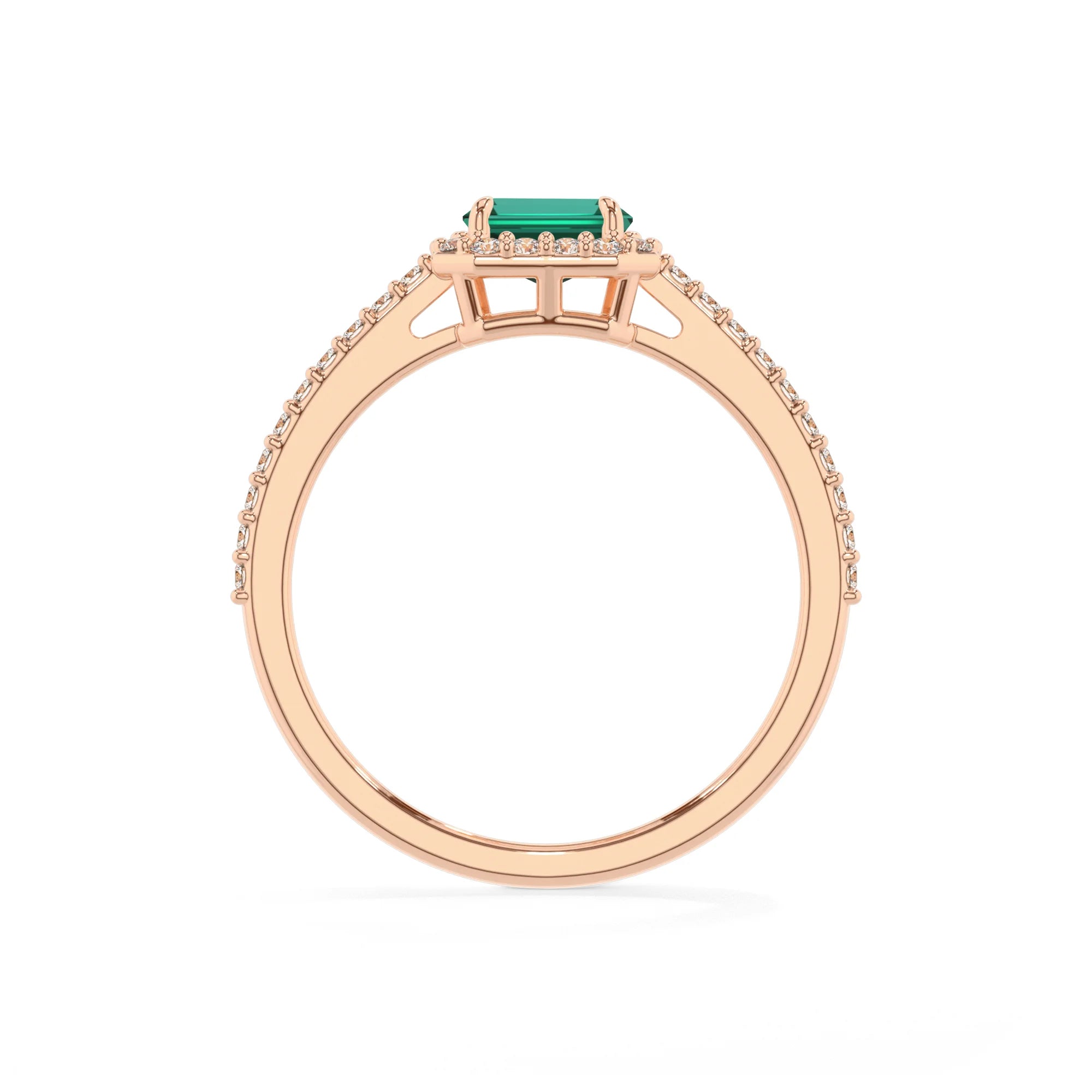 lab grown emerald octogon cut solitaire rings in rose gold 