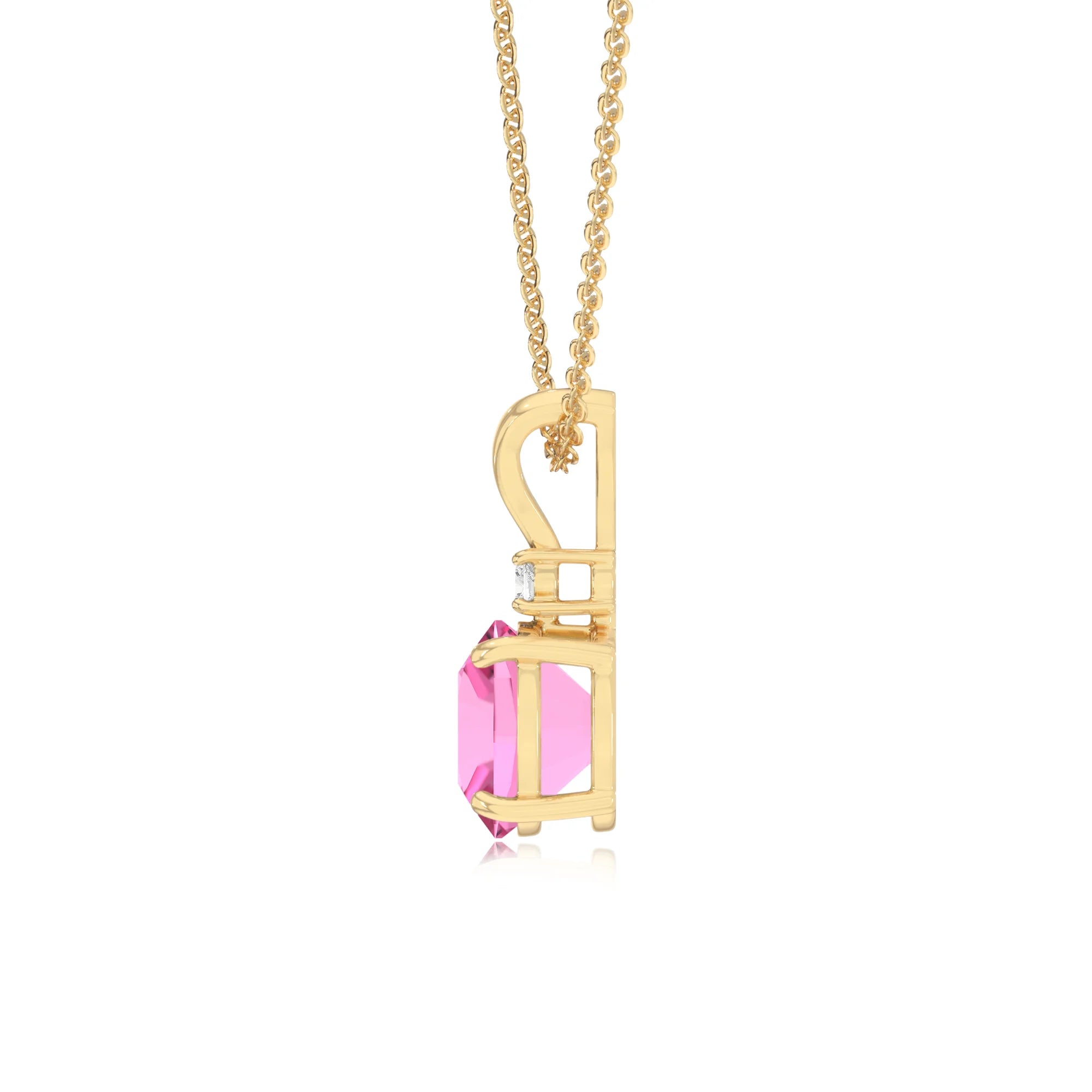 lab grown pink-sapphire cushion solitaire v-bale necklaces in yellow gold 