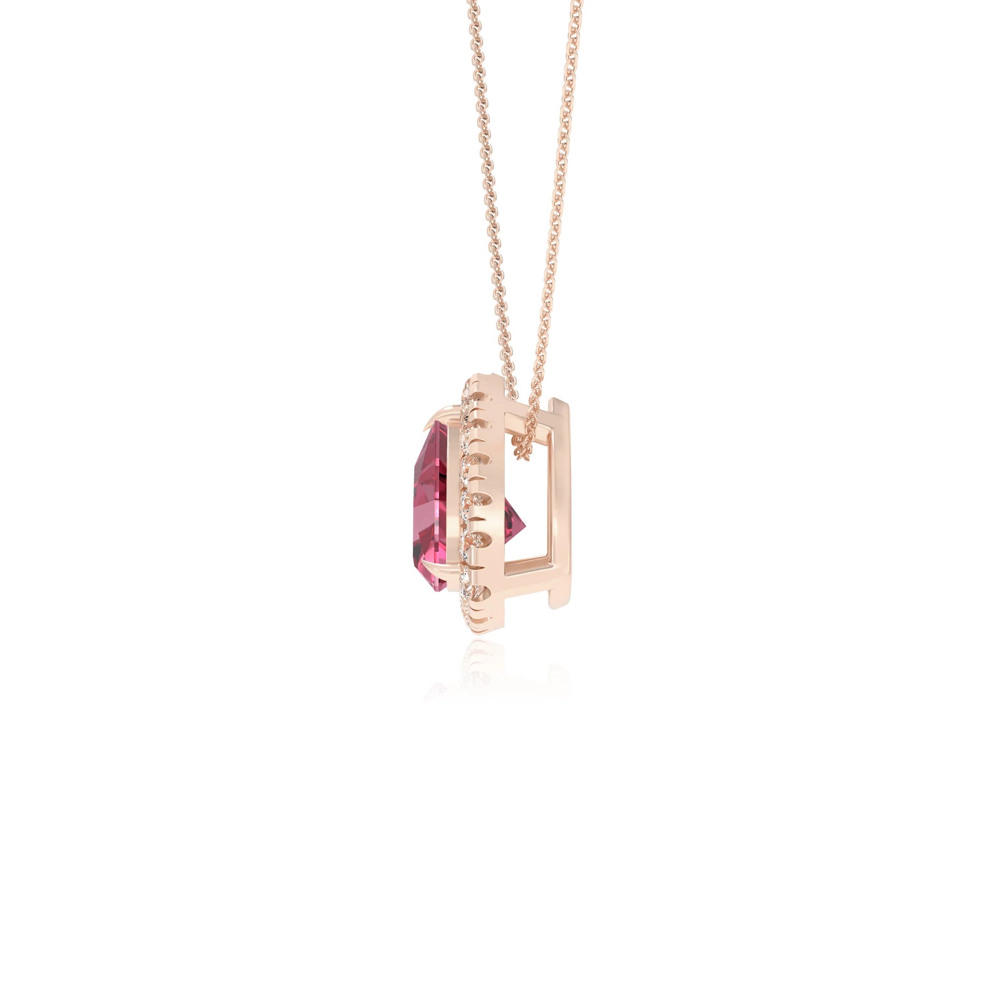 lab grown pink tourmaline trillion solitaire necklaces in rose gold 