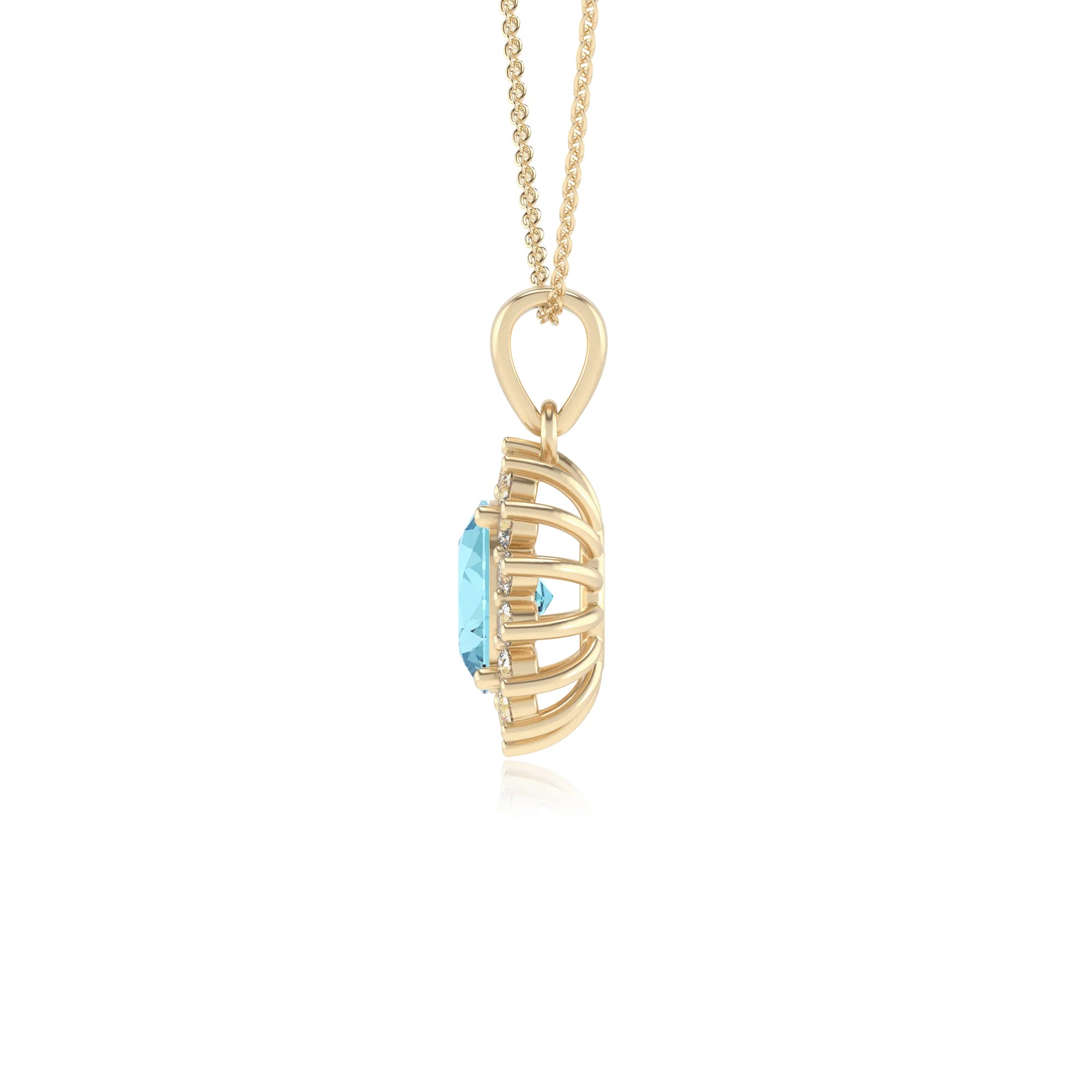 lab grown aquamarine oval halo necklaces in yellow gold 