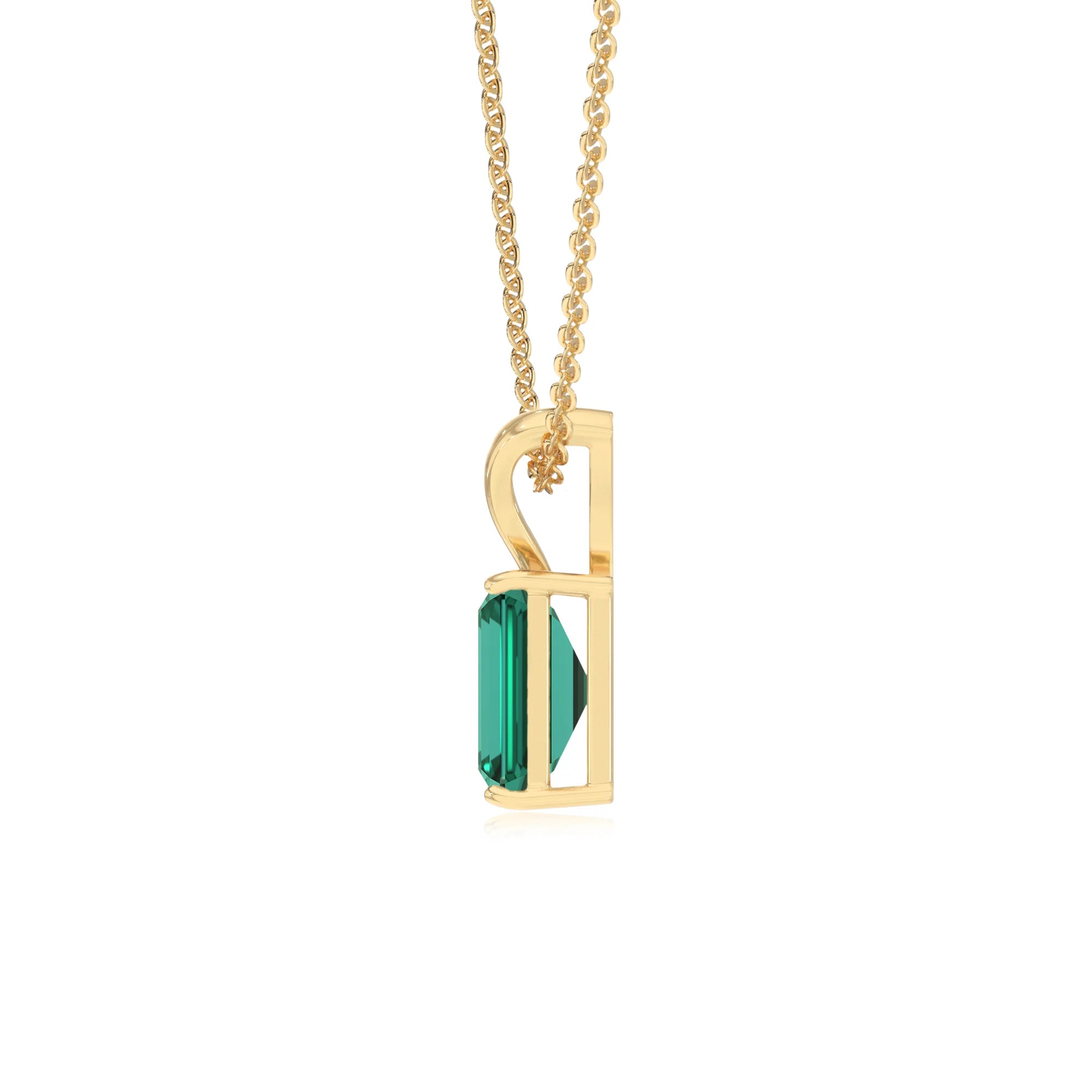 lab grown emerald octogon cut solitaire v-bale necklaces in yellow gold 