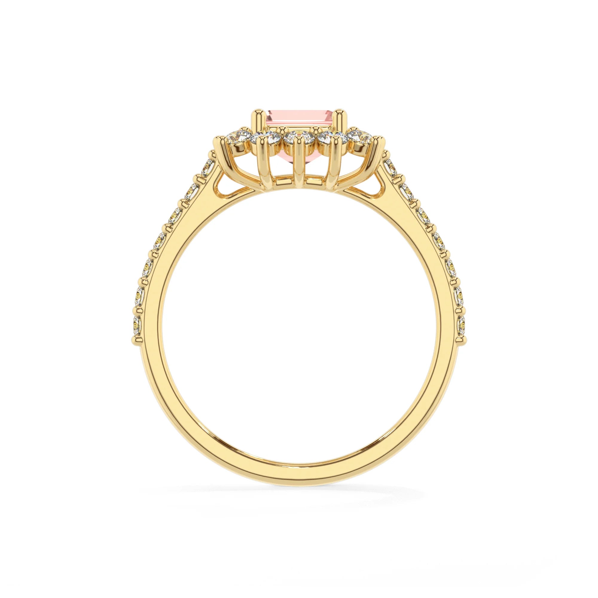 lab grown morganite emerald cut solitaire rings in yellow gold 