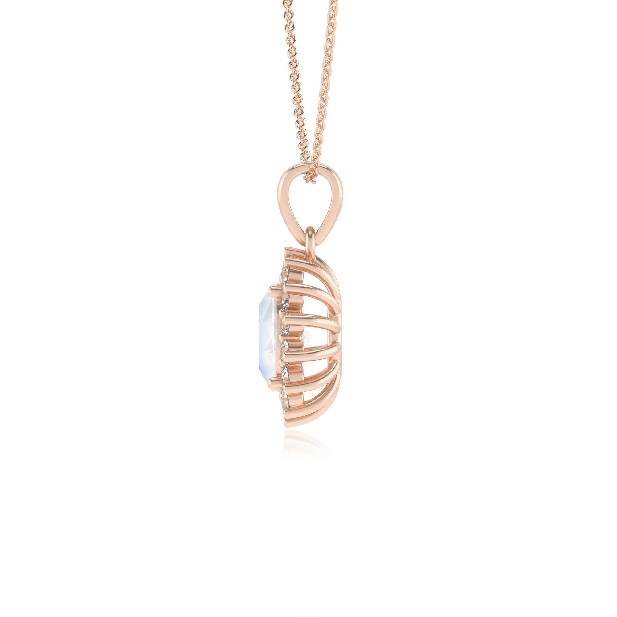 natural rainbow-moonstone oval halo necklaces in rose gold 