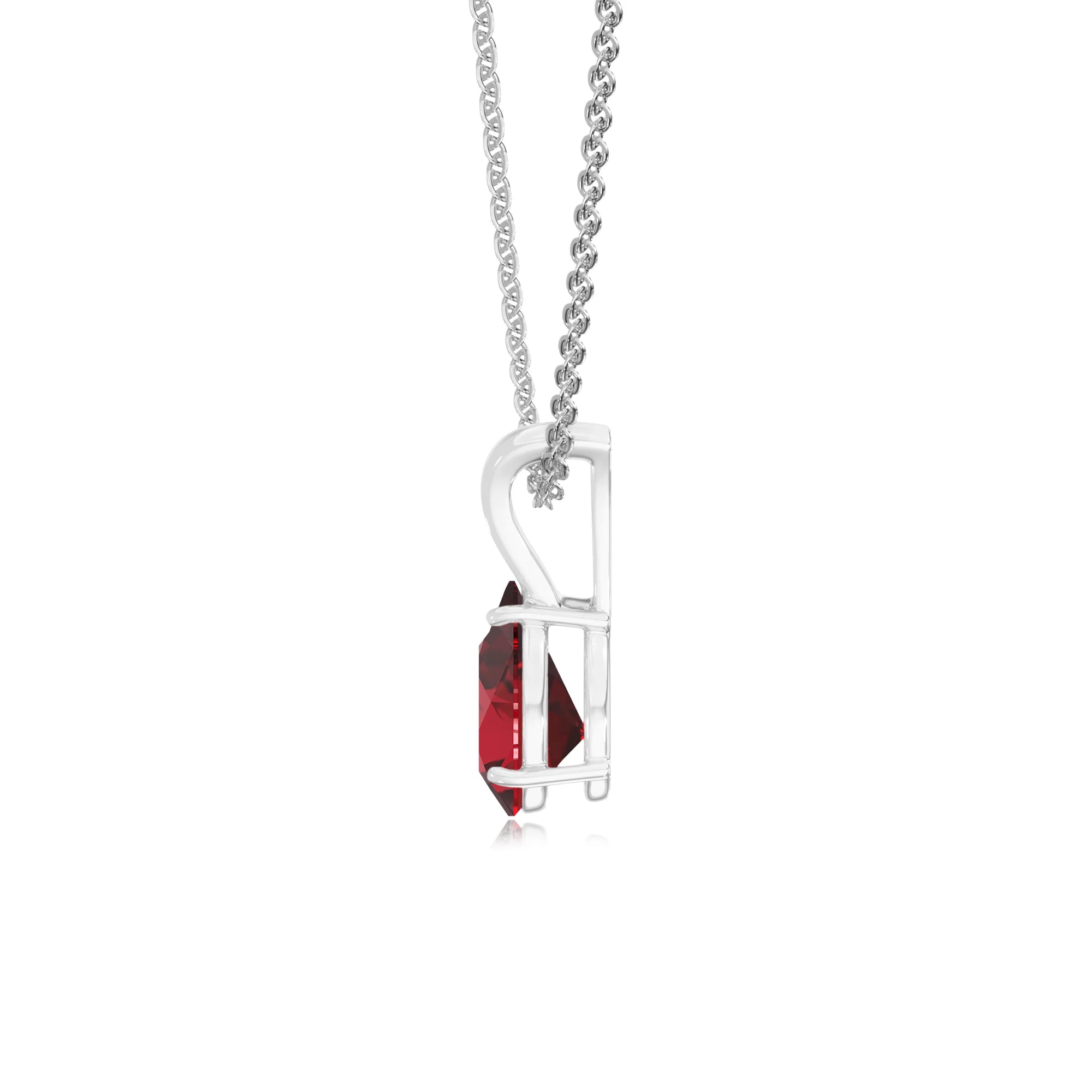 lab grown ruby pear solitaire v-bale necklaces in sterling silver 