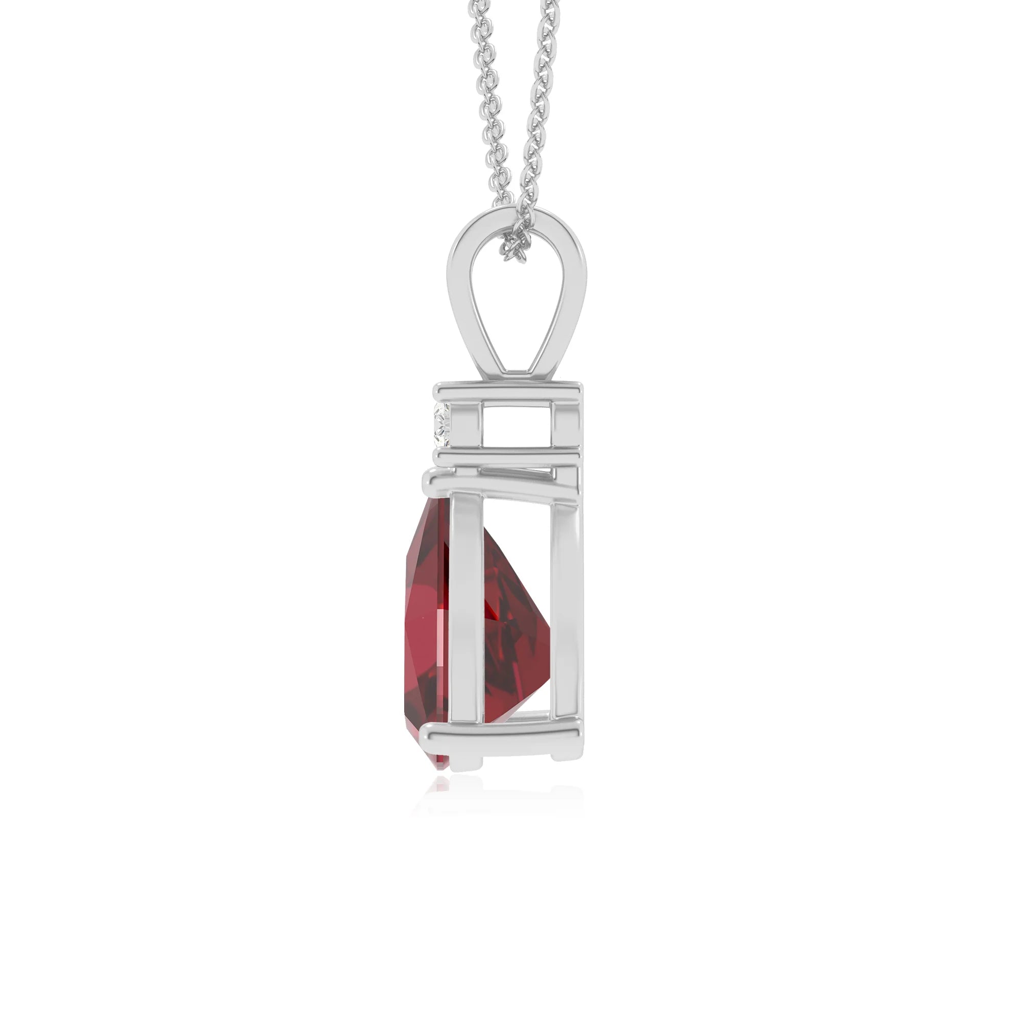 lab grown ruby trillion solitaire v-bale necklaces in white gold 