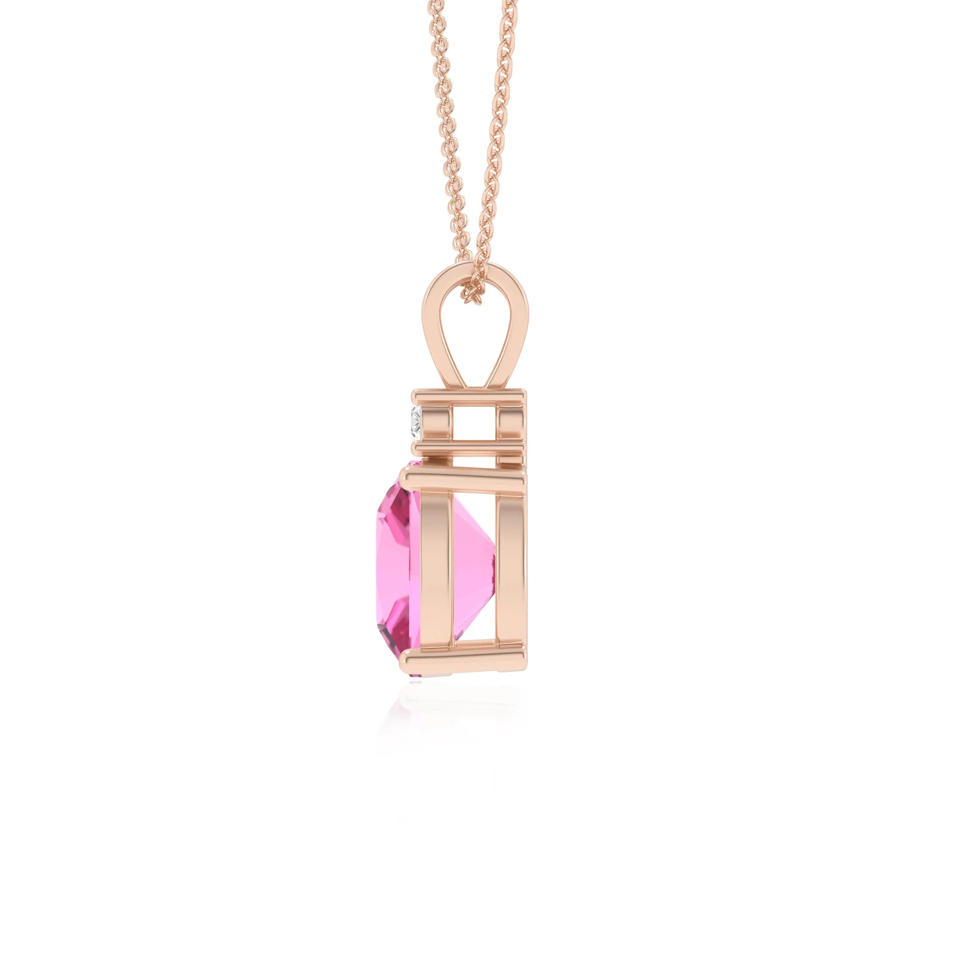 lab grown pink-sapphire cushion solitaire v-bale necklaces in rose gold 