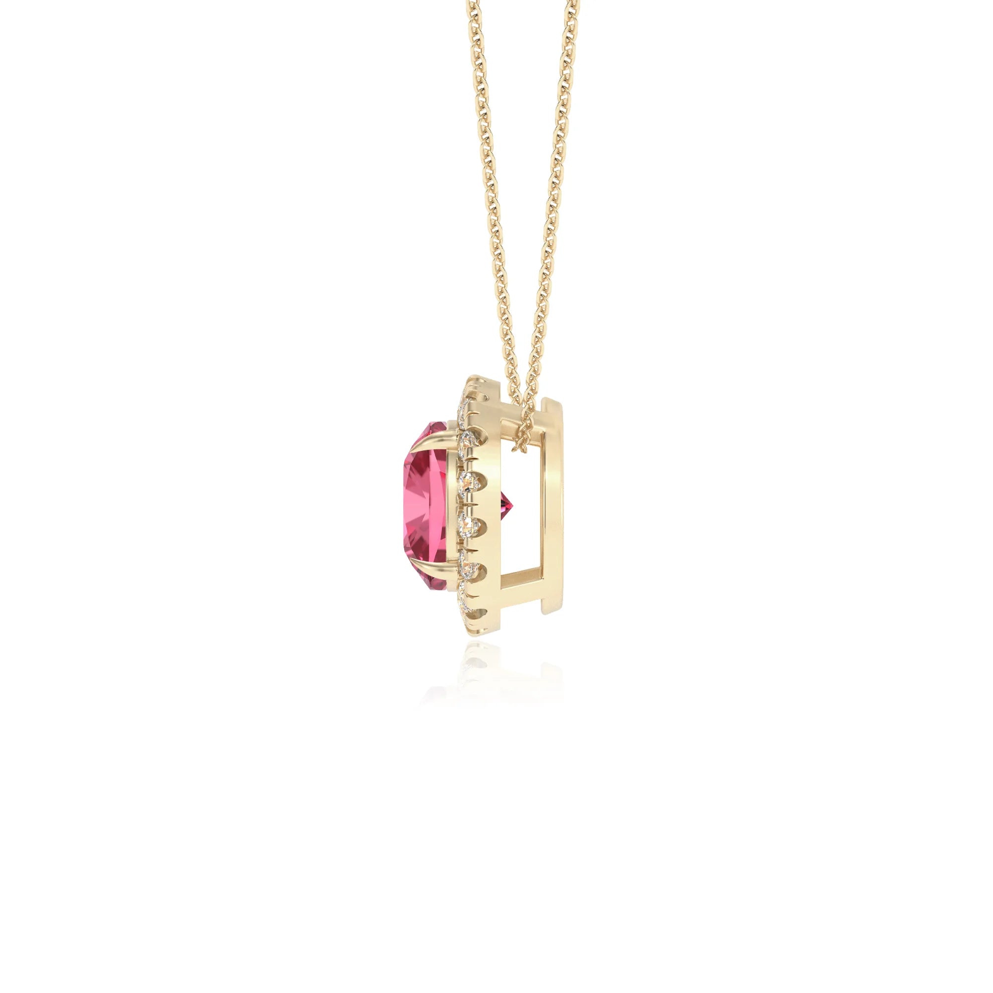 lab grown pink tourmaline cushion solitaire necklaces in yellow gold 