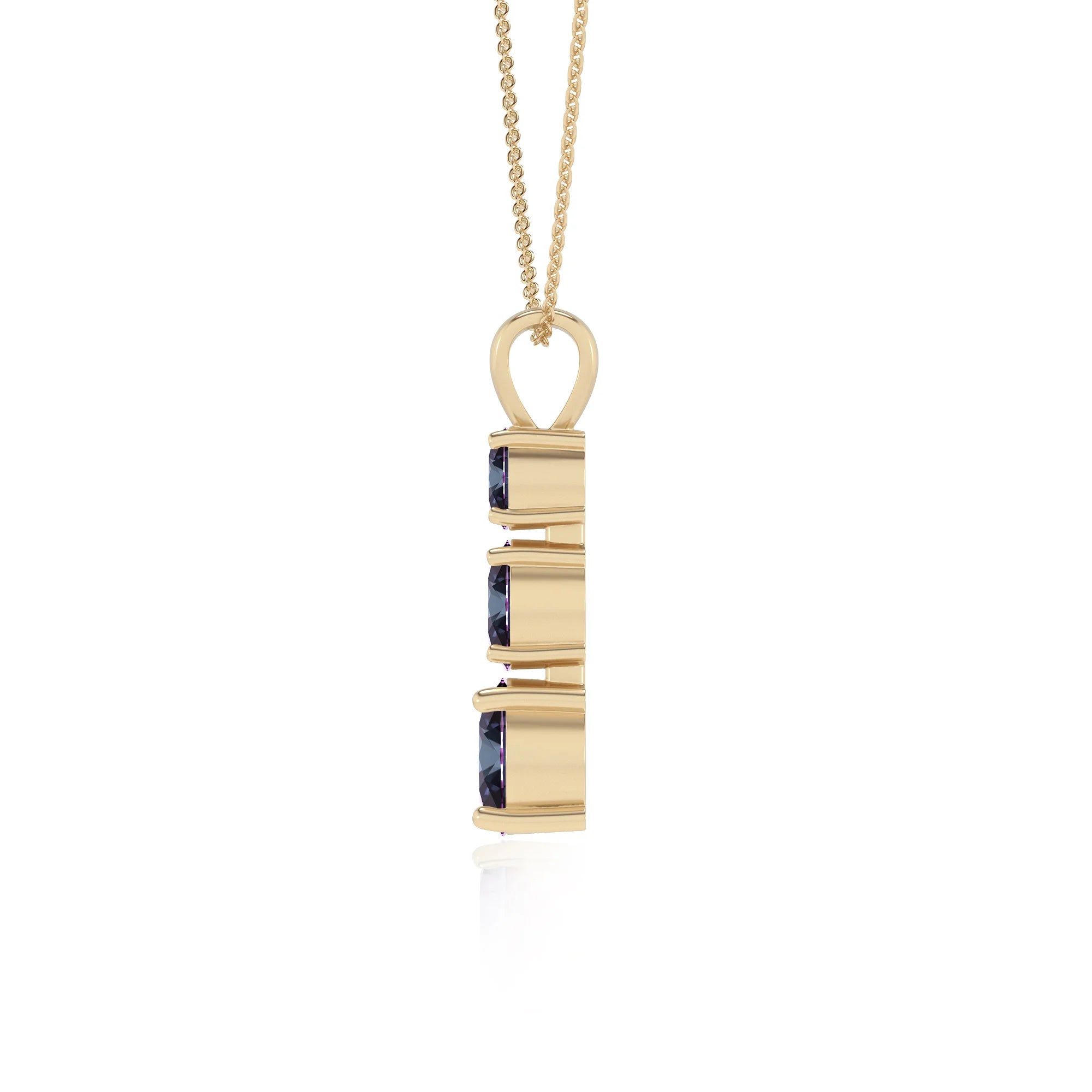 lab grown alexandrite round bar v-bale necklaces in yellow gold 