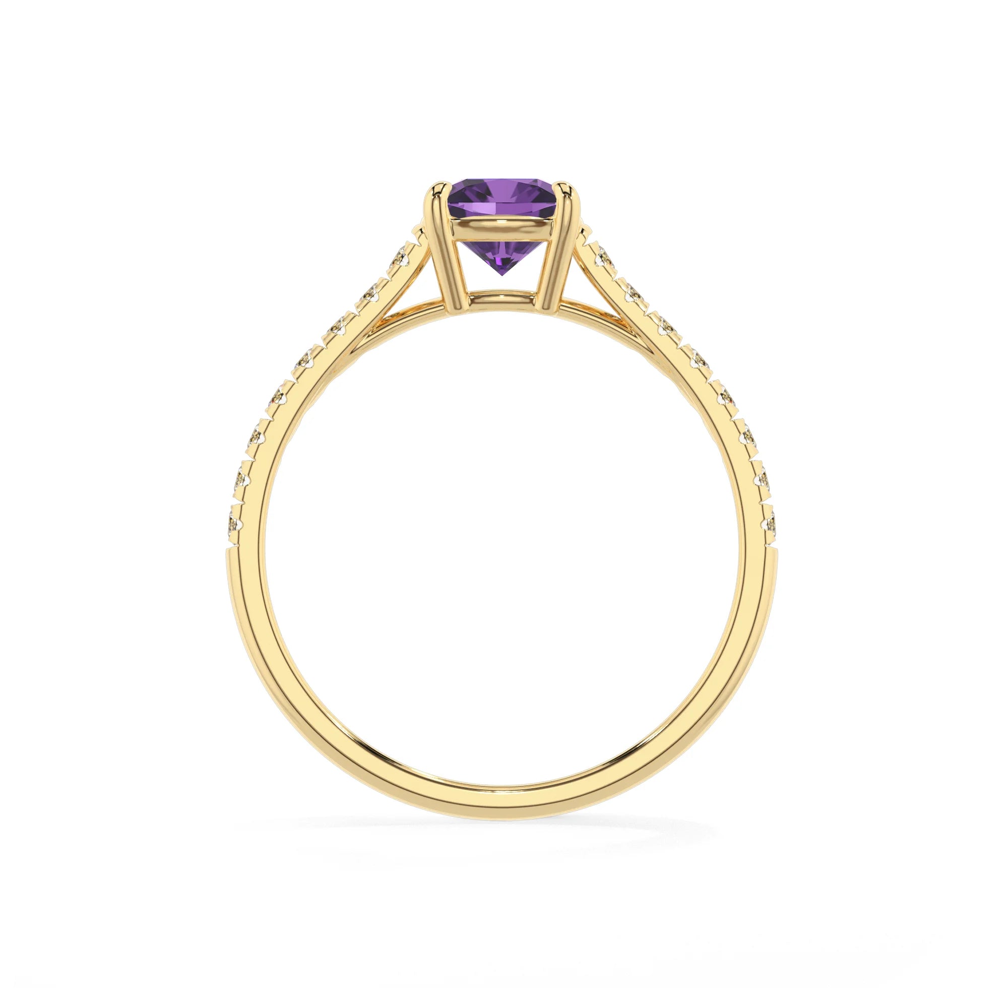 lab grown amethyst cushion half eternity solitaire engagement rings in yellow gold 