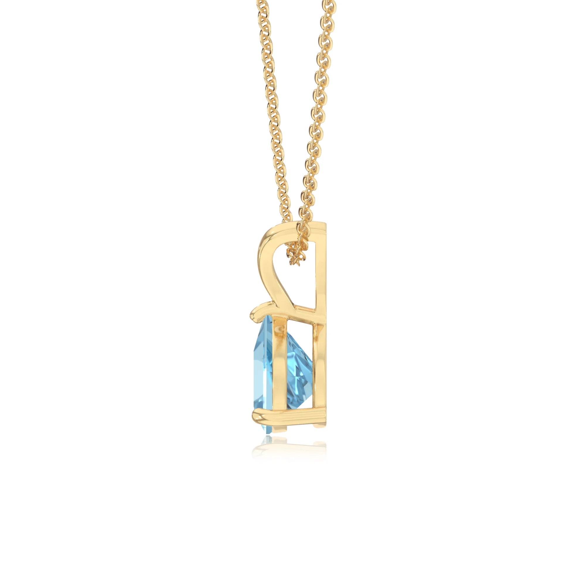 lab grown aquamarine trillion solitaire v-bale necklaces in yellow gold 