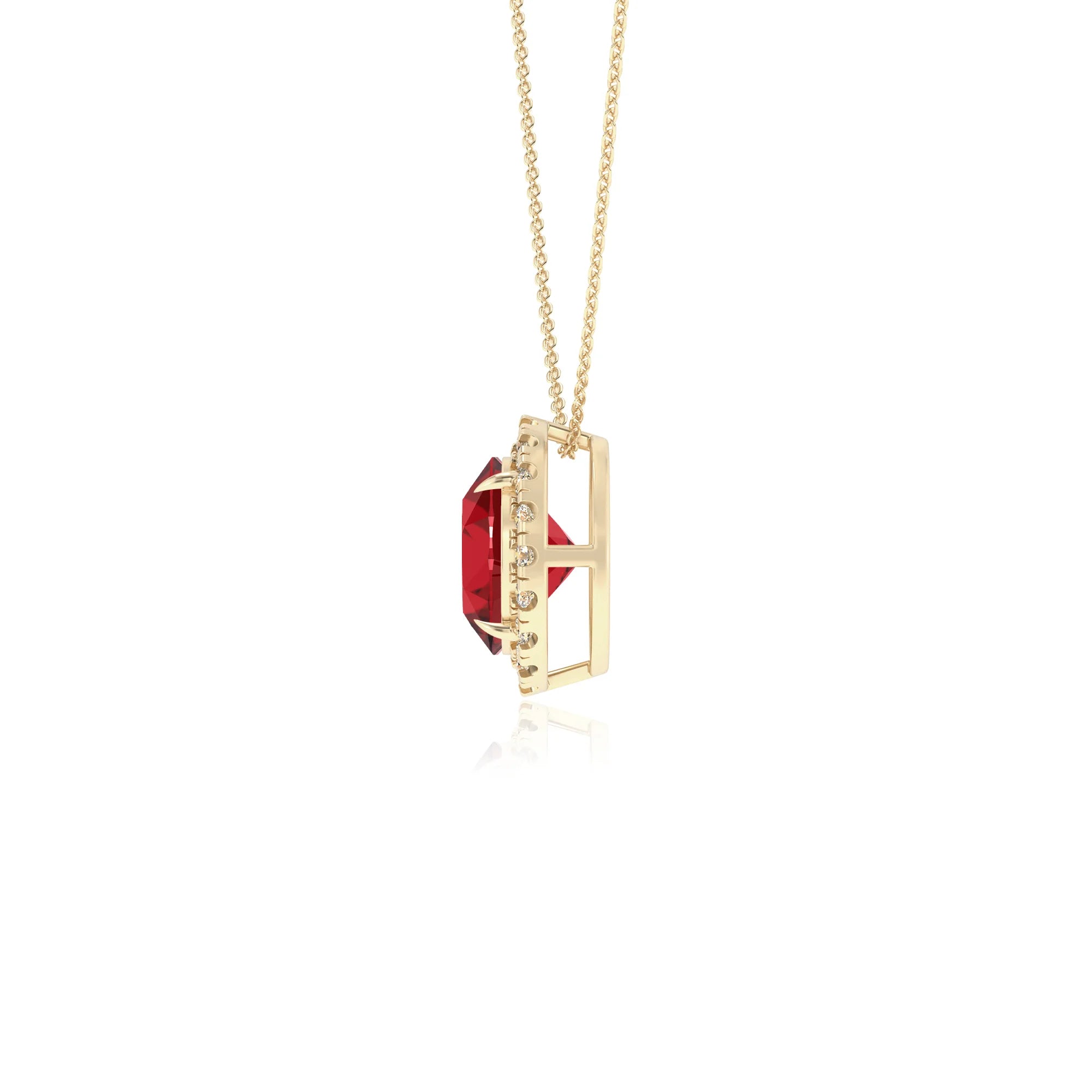 lab grown ruby round solitaire necklaces in yellow gold 