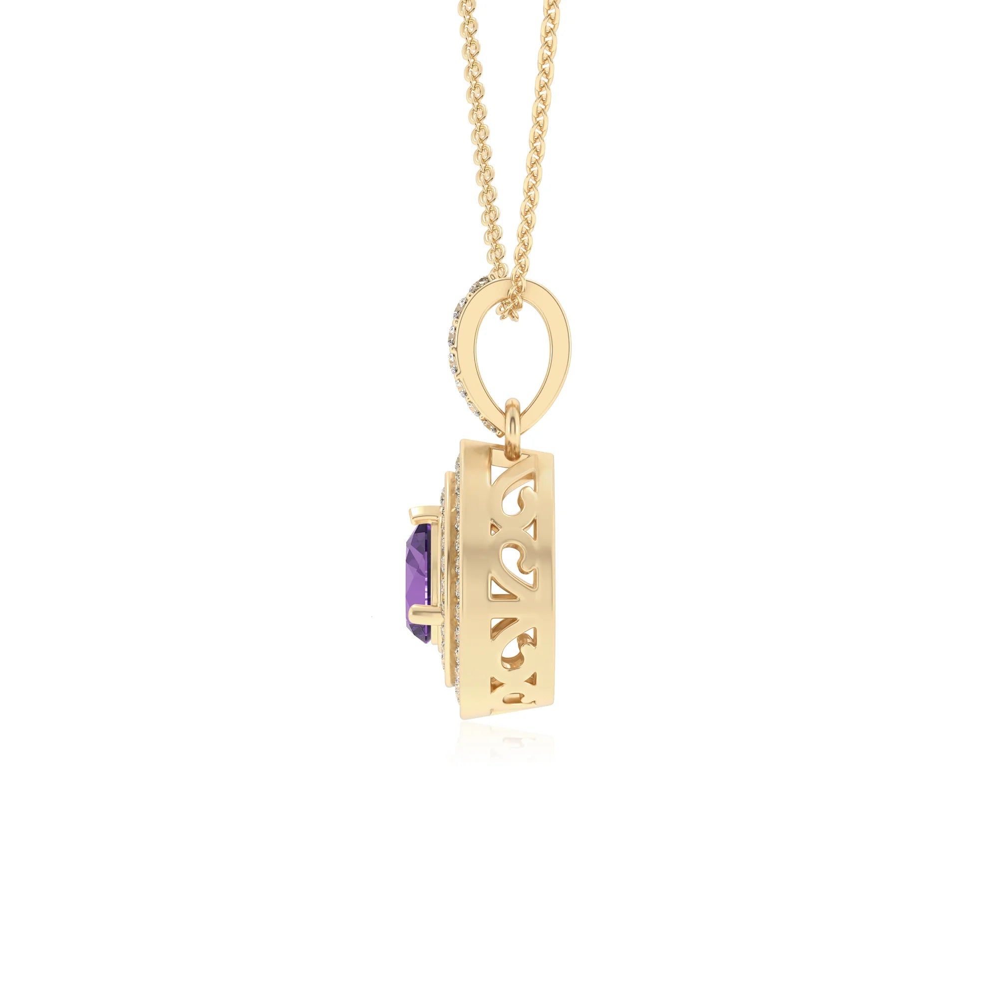 lab grown amethyst pear halo necklaces in yellow gold 
