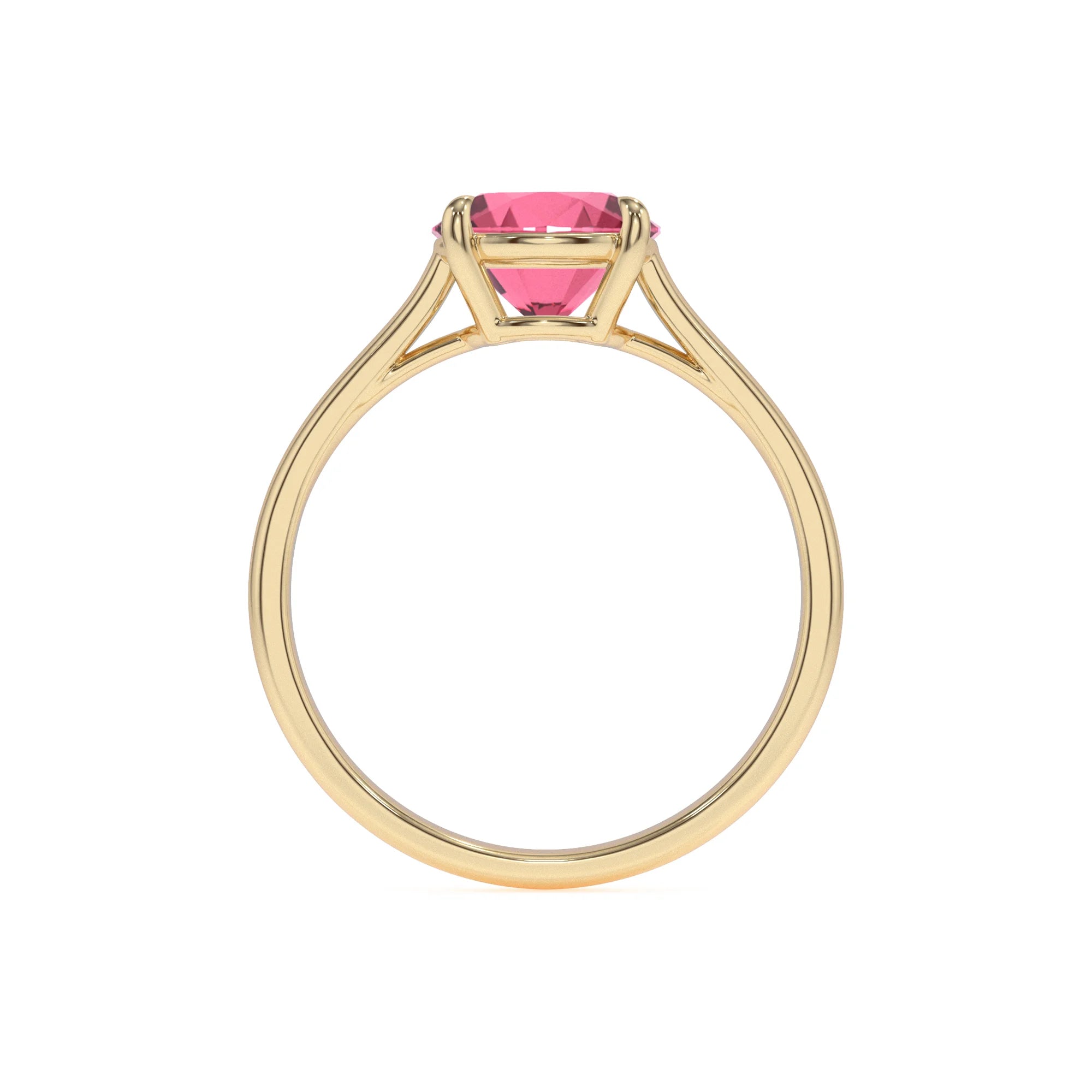 lab grown pink-tourmaline round solitaire rings in yellow gold 