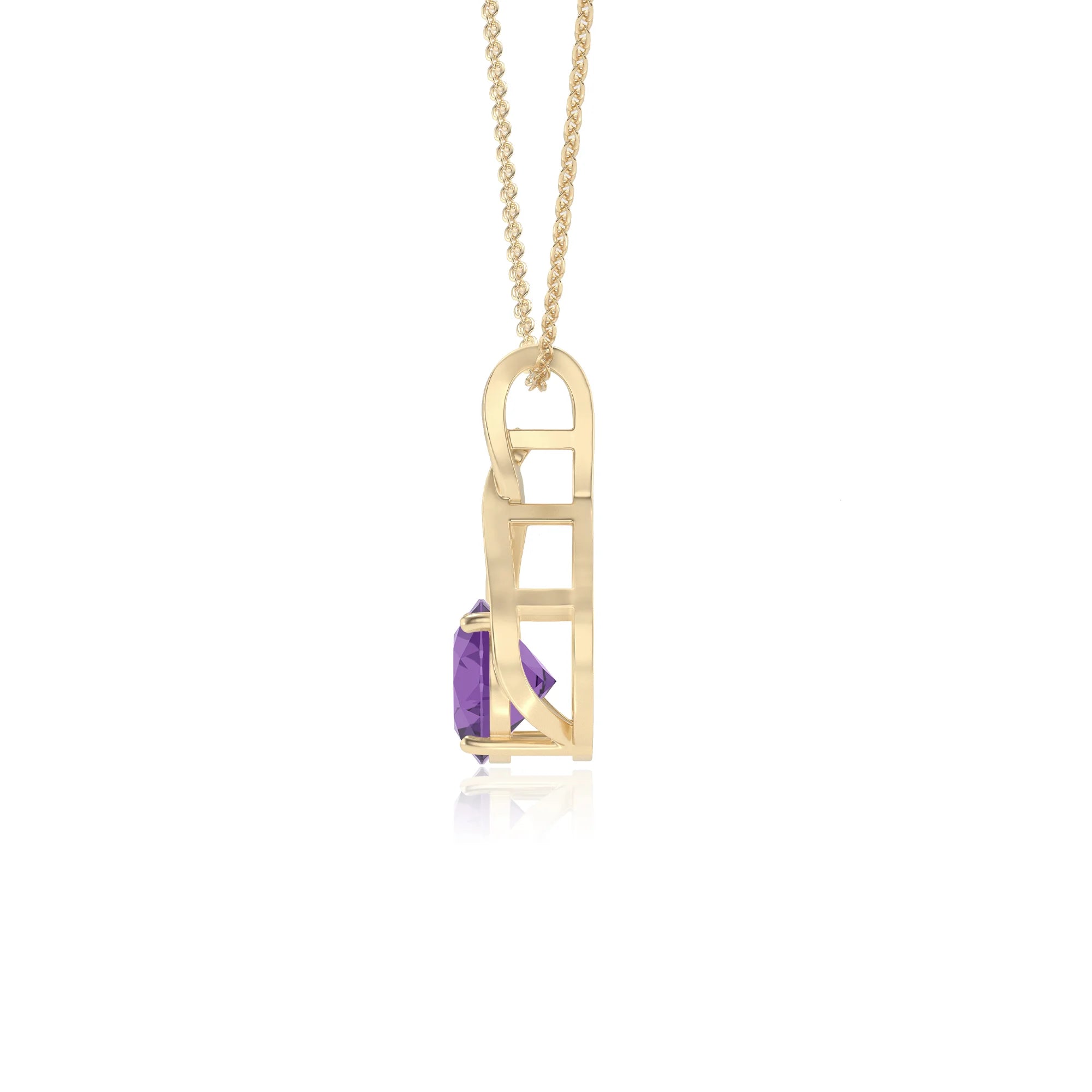 lab grown amethyst round solitaire necklaces in yellow gold 
