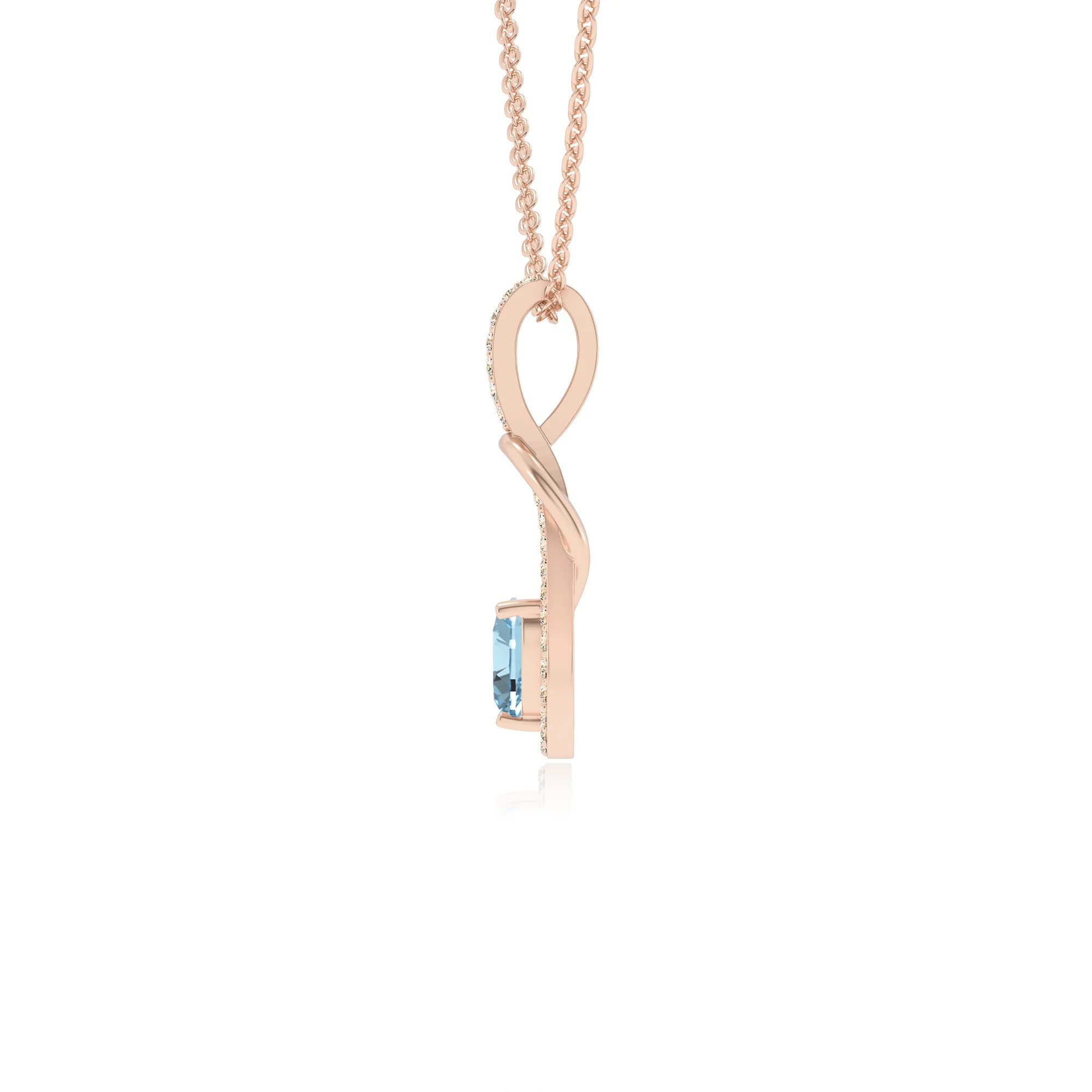 lab grown aquamarine heart infinity  v-bale necklaces in rose gold 