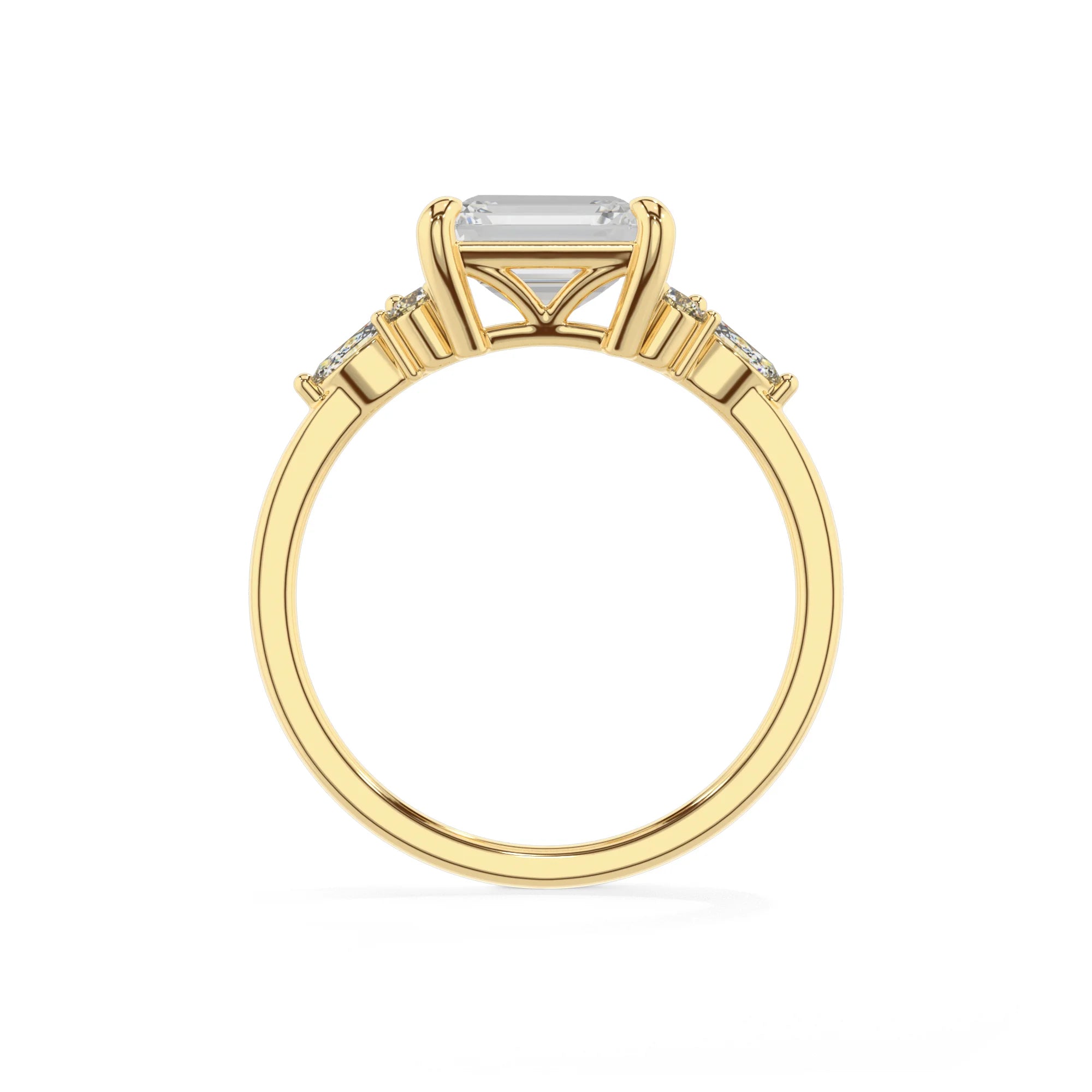 lab grown moissanite emerald cut solitaire rings in yellow gold 