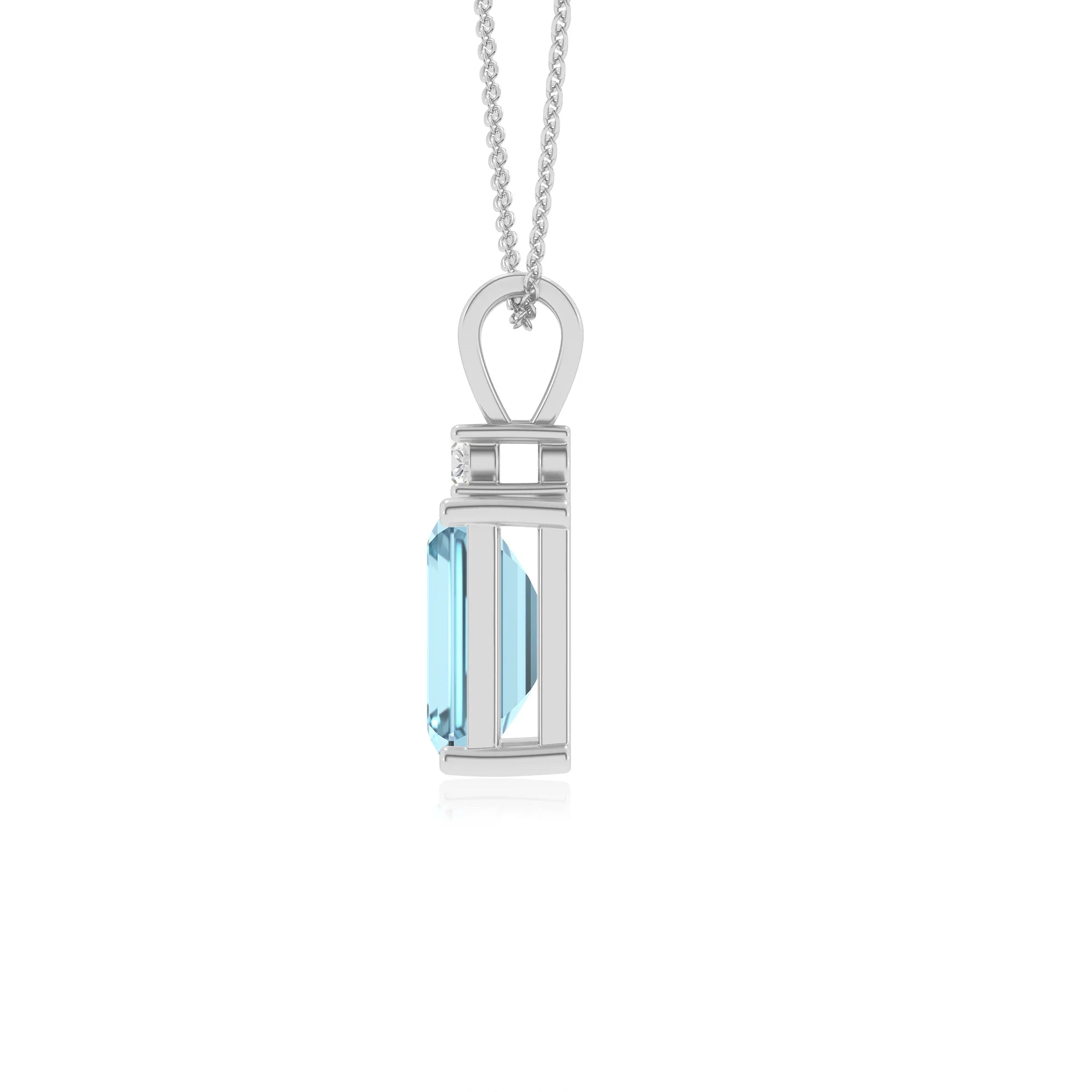 lab grown aquamarine emerald cut solitaire v-bale necklaces in white gold 