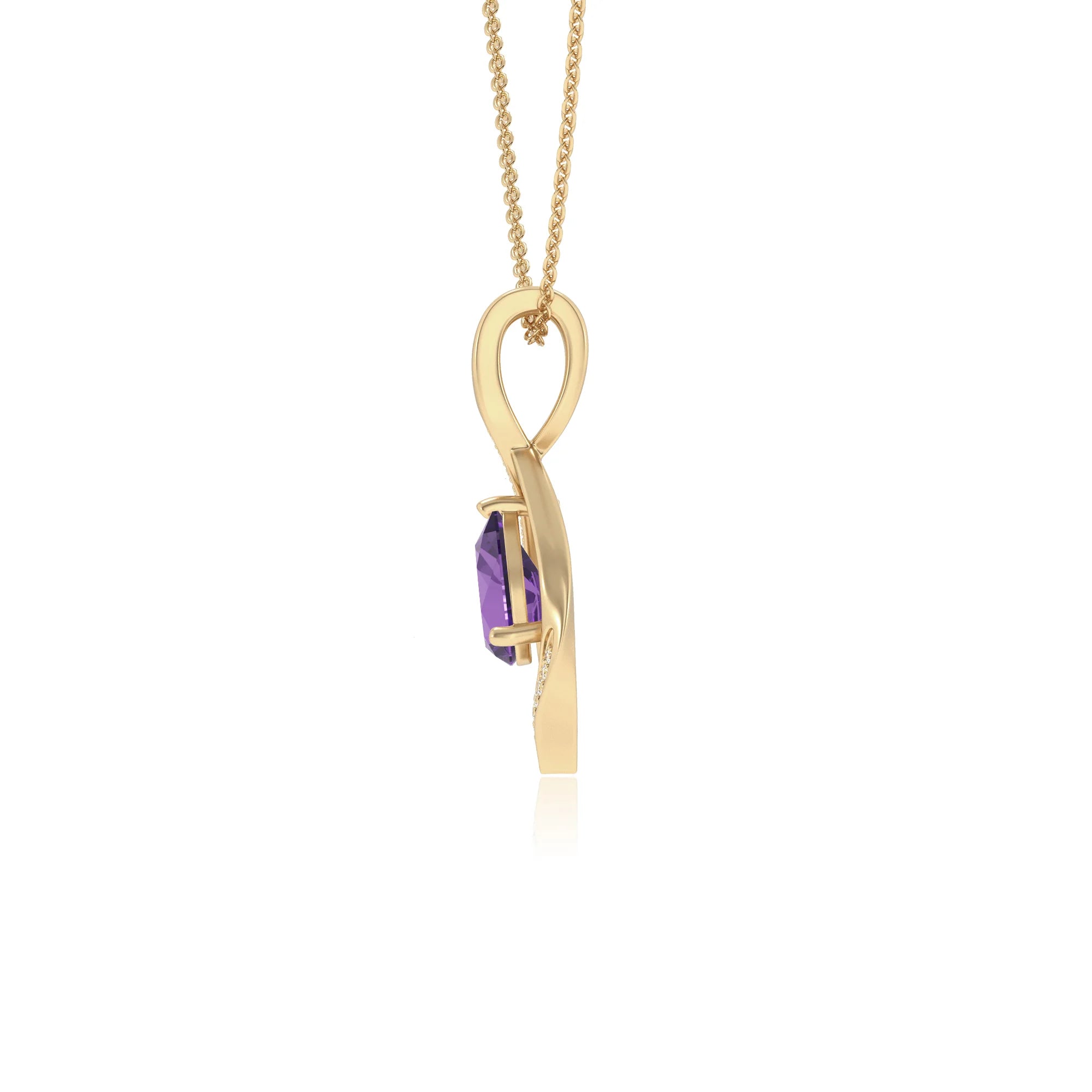 lab grown amethyst pear solitaire necklaces in yellow gold 