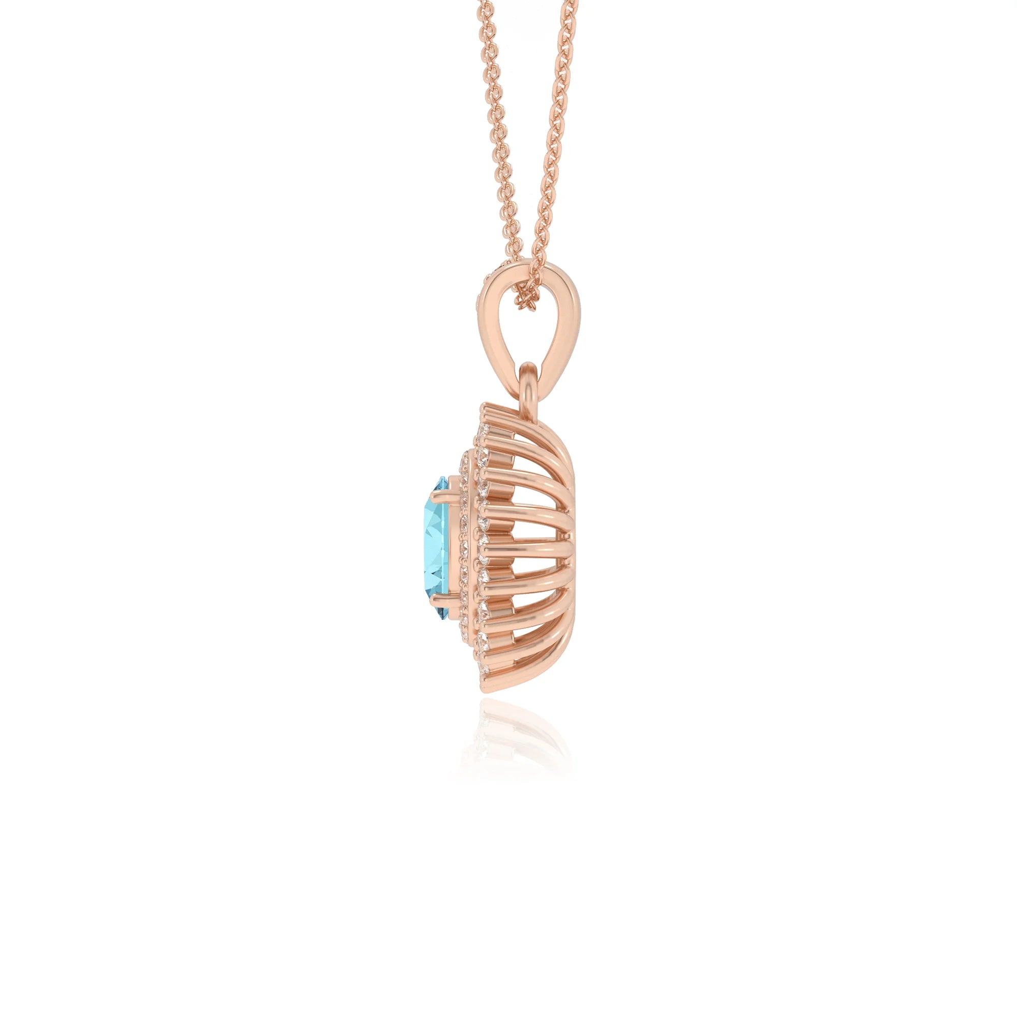 lab grown aquamarine oval halo necklaces in rose gold 