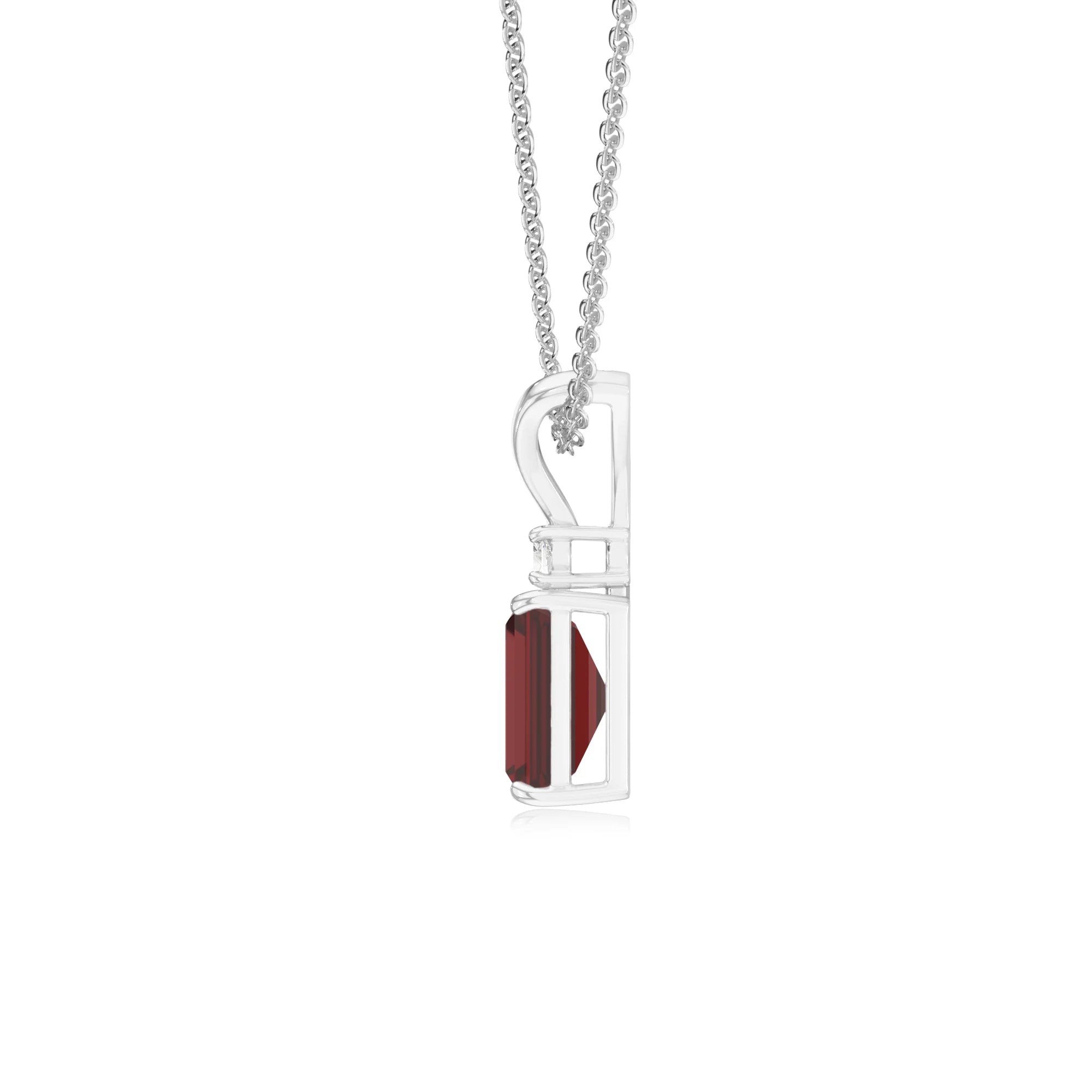 natural garnet emerald cut solitaire v-bale necklaces in white gold 