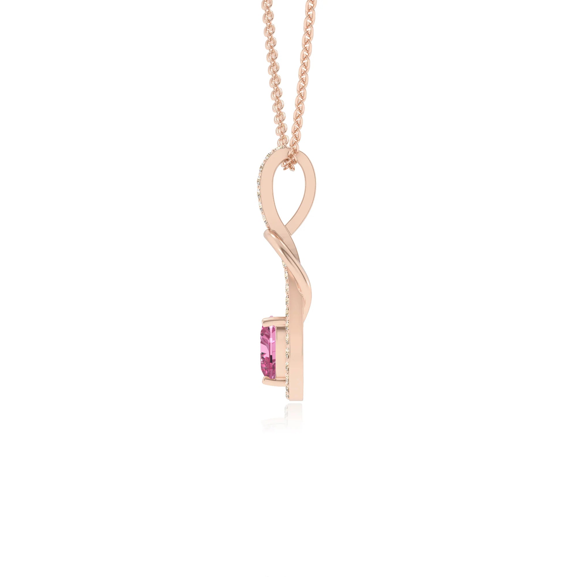 lab grown pink-sapphire heart infinity  v-bale necklaces in rose gold 