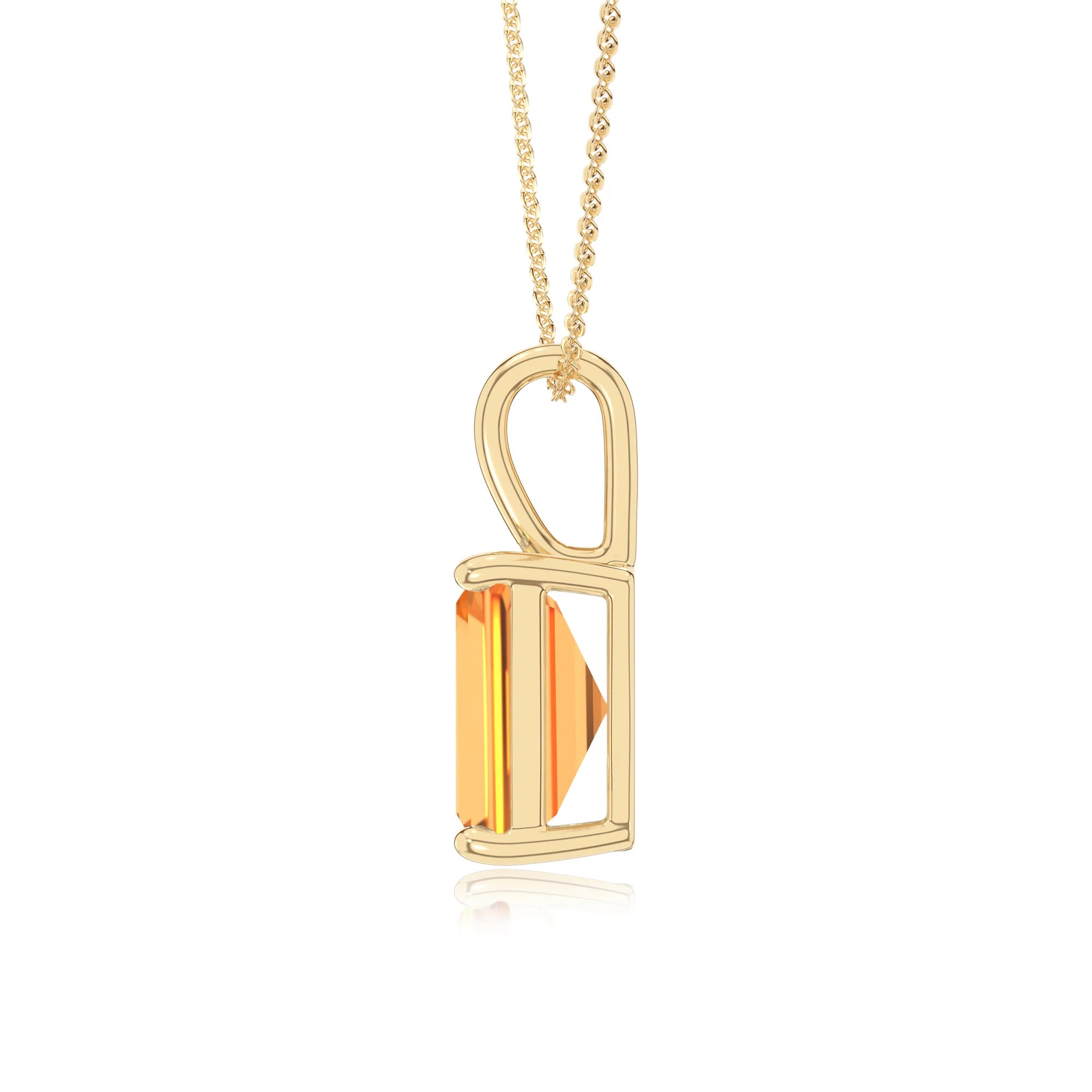 lab grown citrine emerald cut solitaire necklaces in yellow gold 