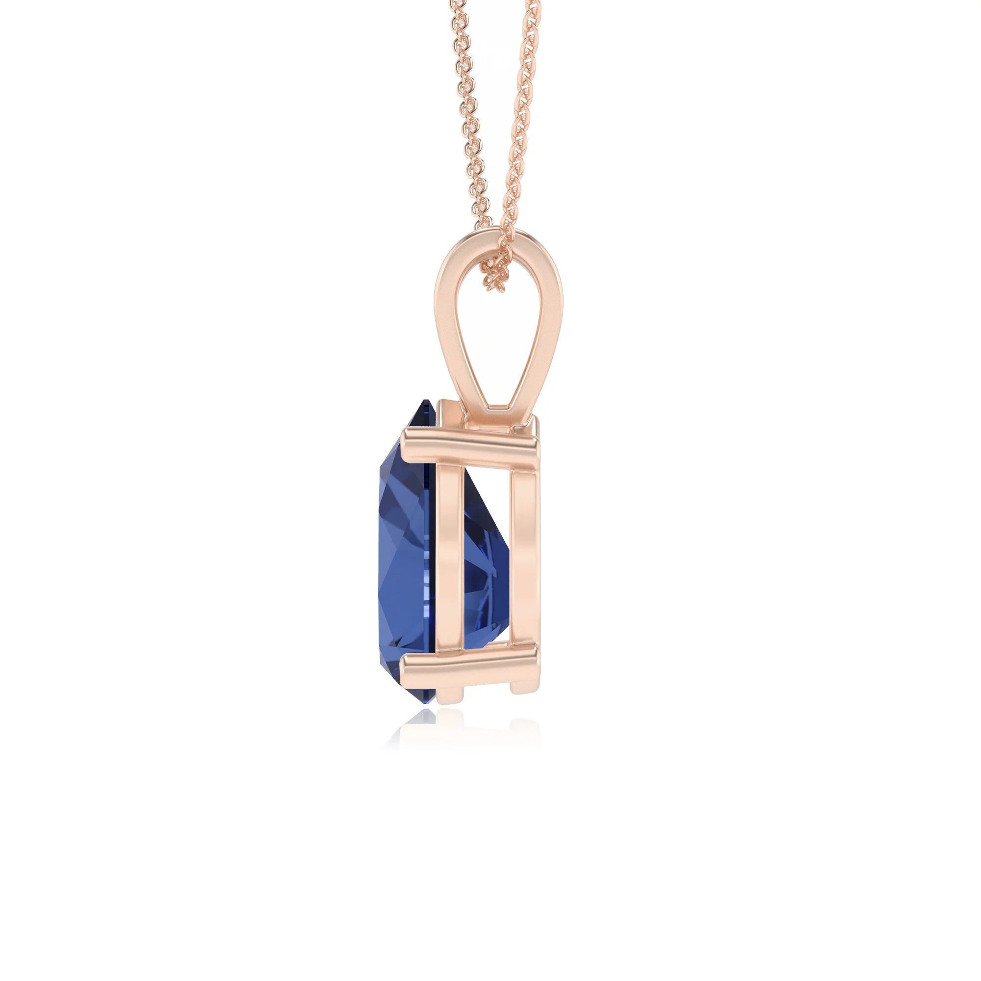 lab grown blue-sapphire pear solitaire v-bale necklaces in rose gold 
