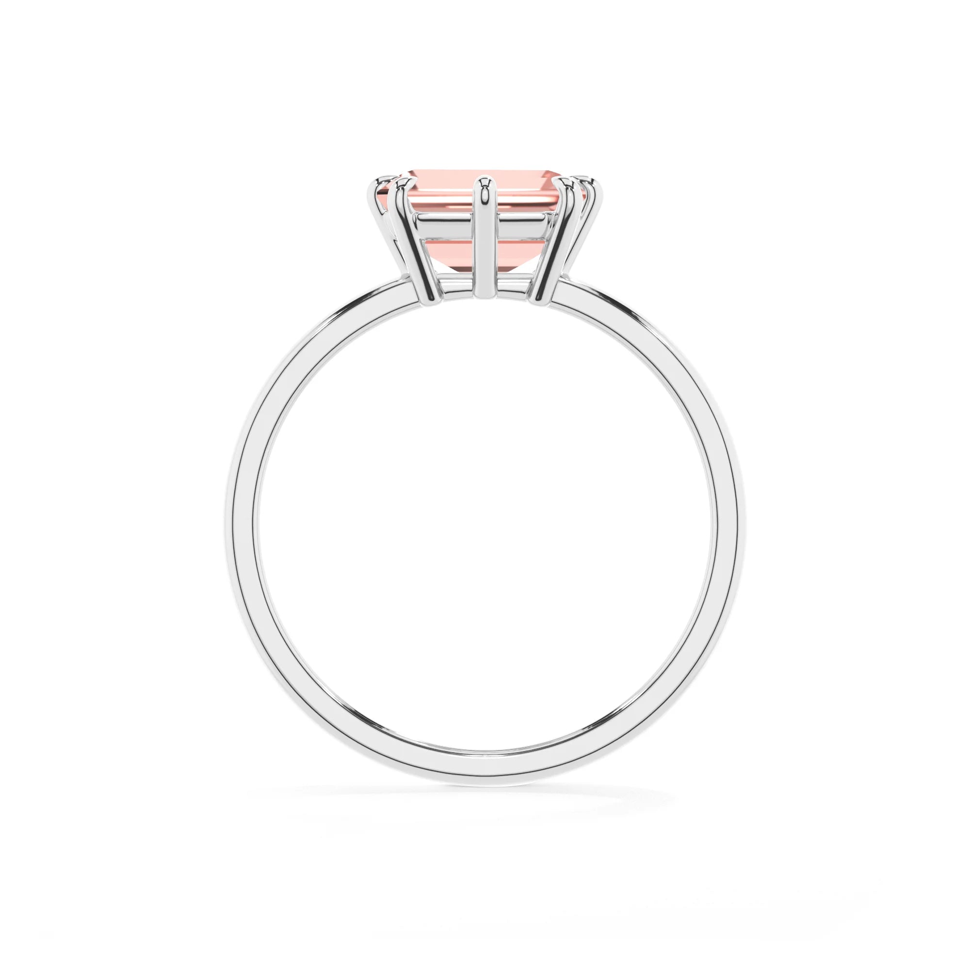 lab grown morganite emerald cut solitaire rings in white gold 