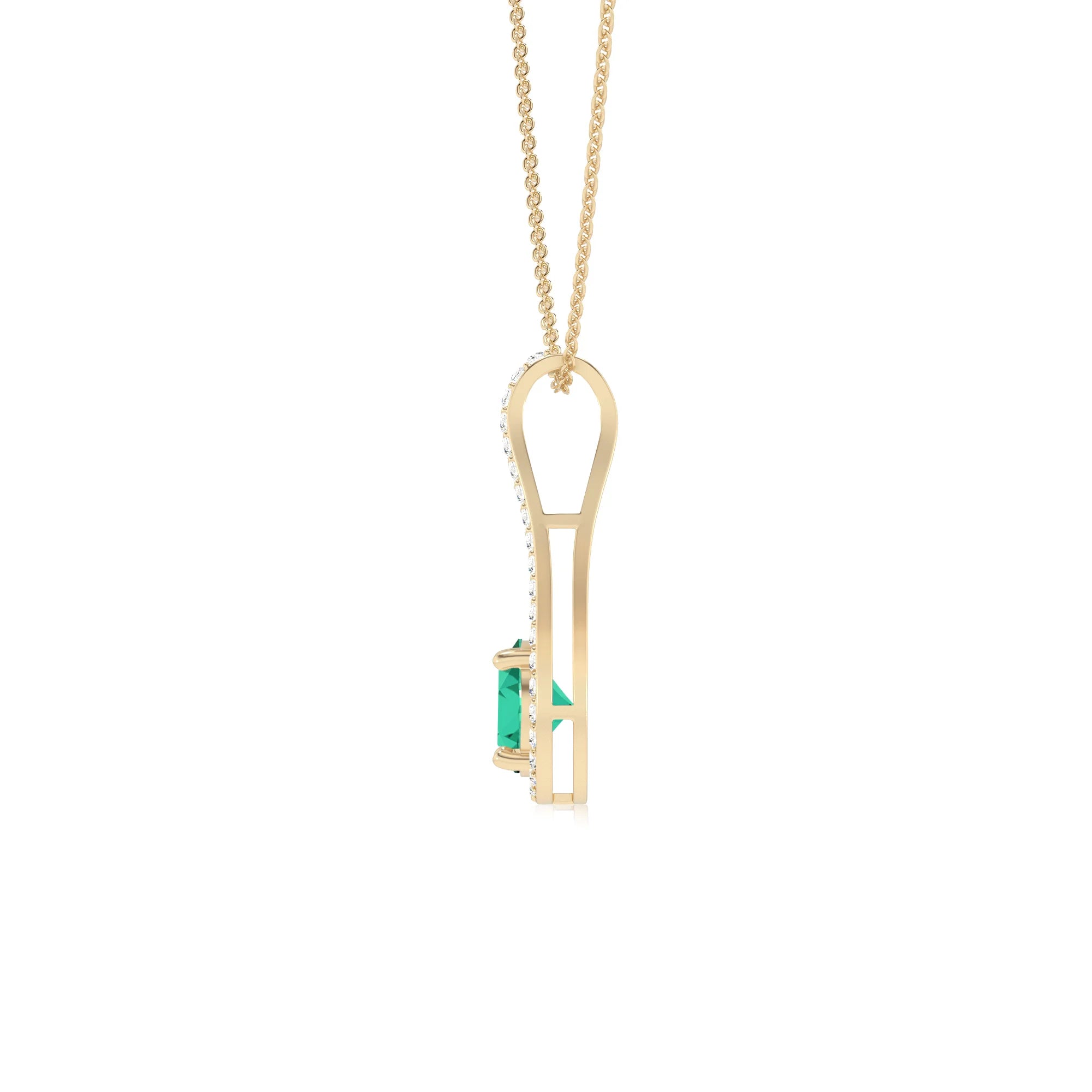 lab grown emerald round solitaire v-bale necklaces in yellow gold 