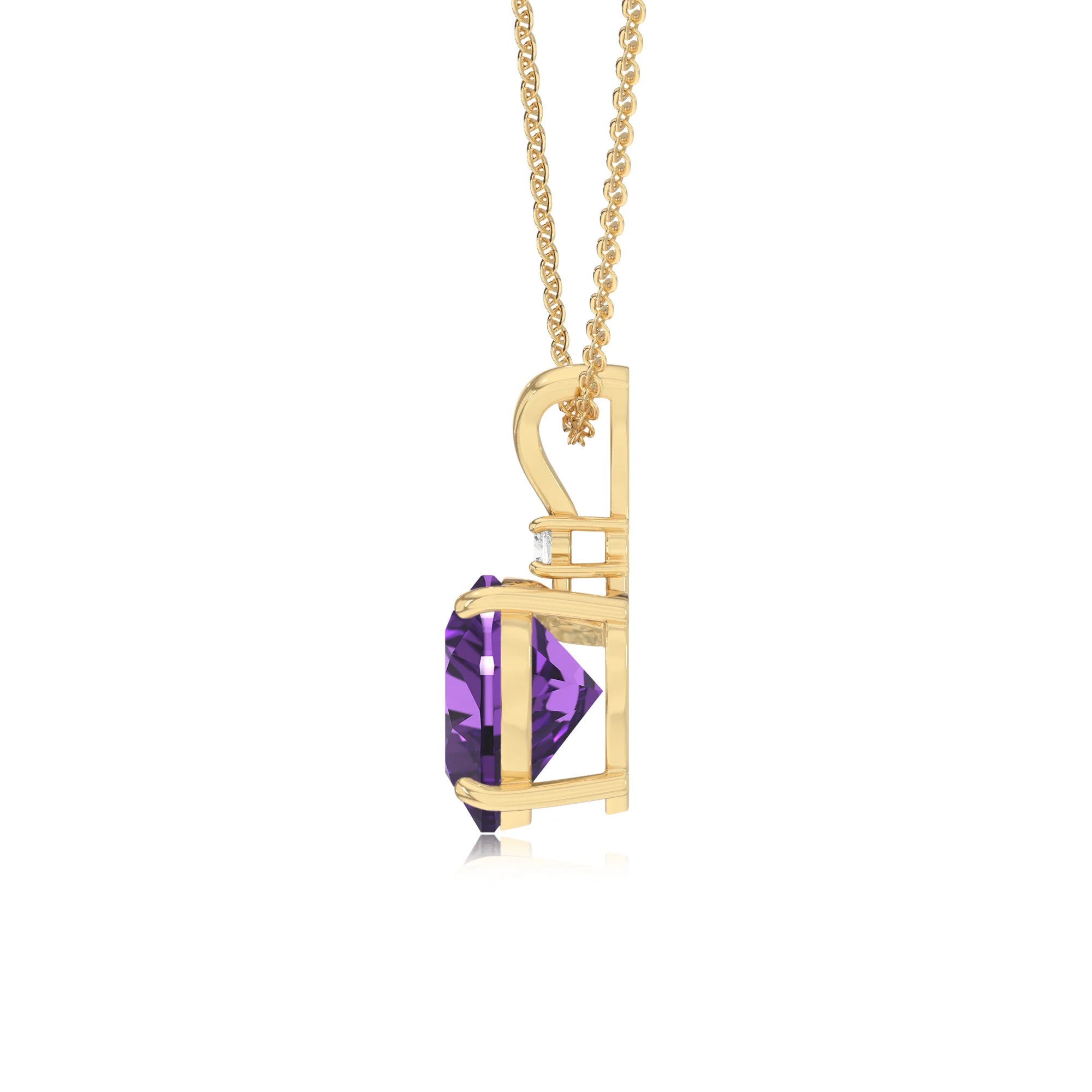 lab grown amethyst heart solitaire v-bale necklaces in yellow gold 
