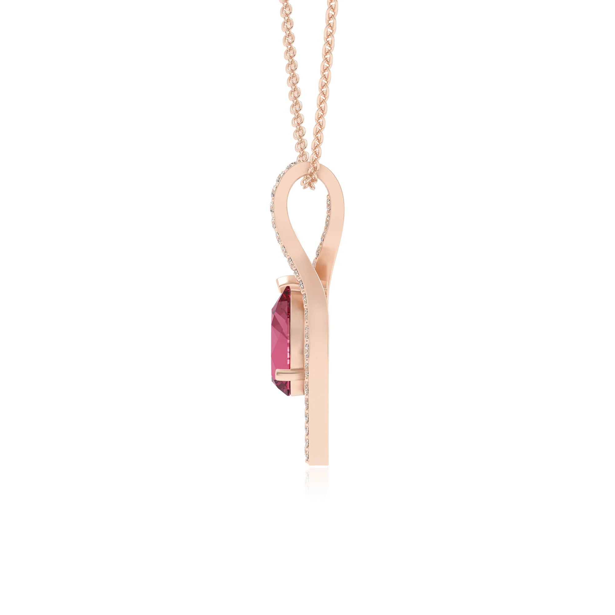 lab grown pink-tourmaline pear infinity necklaces in rose gold 