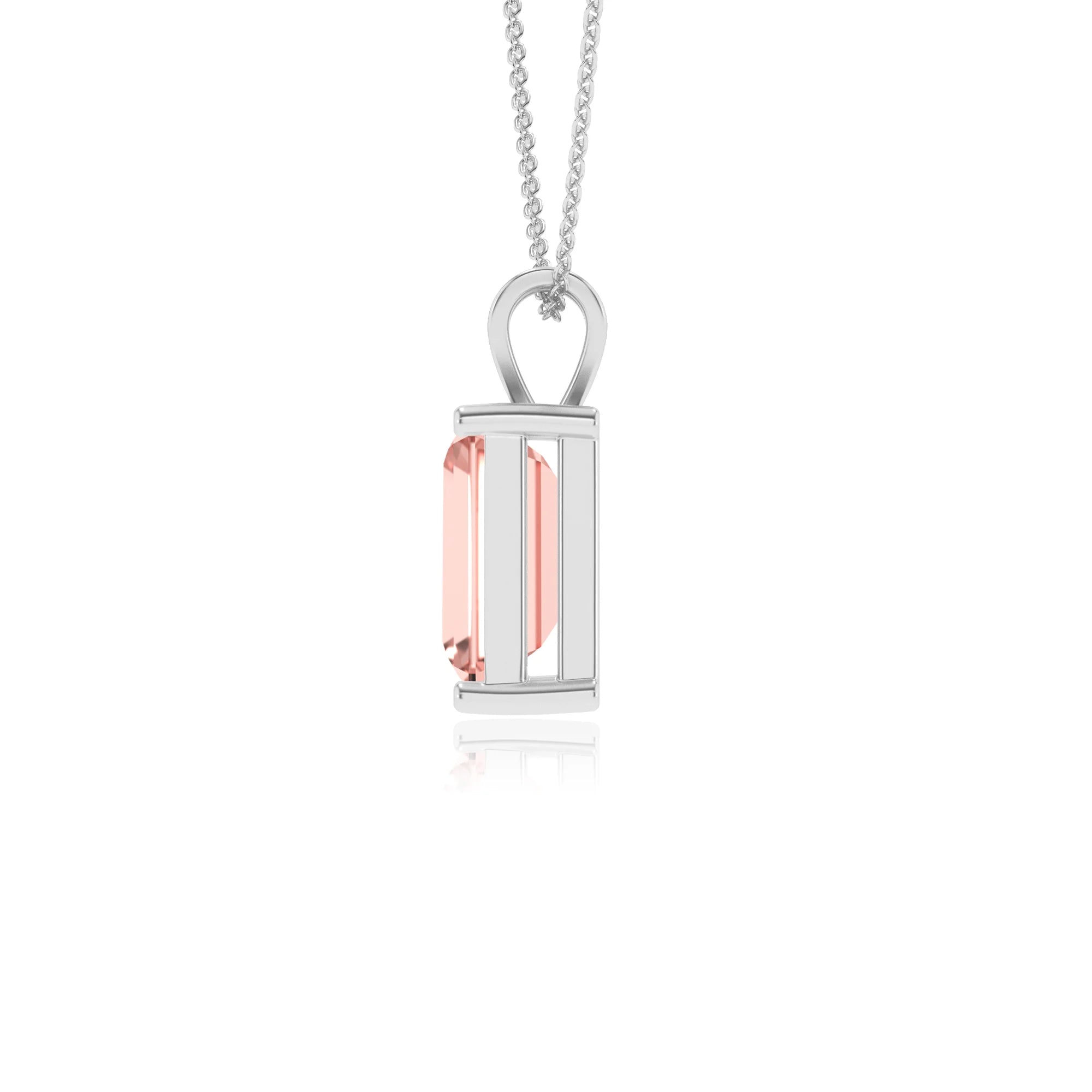 lab grown morganite emerald cut solitaire v-bale necklaces in platinum 