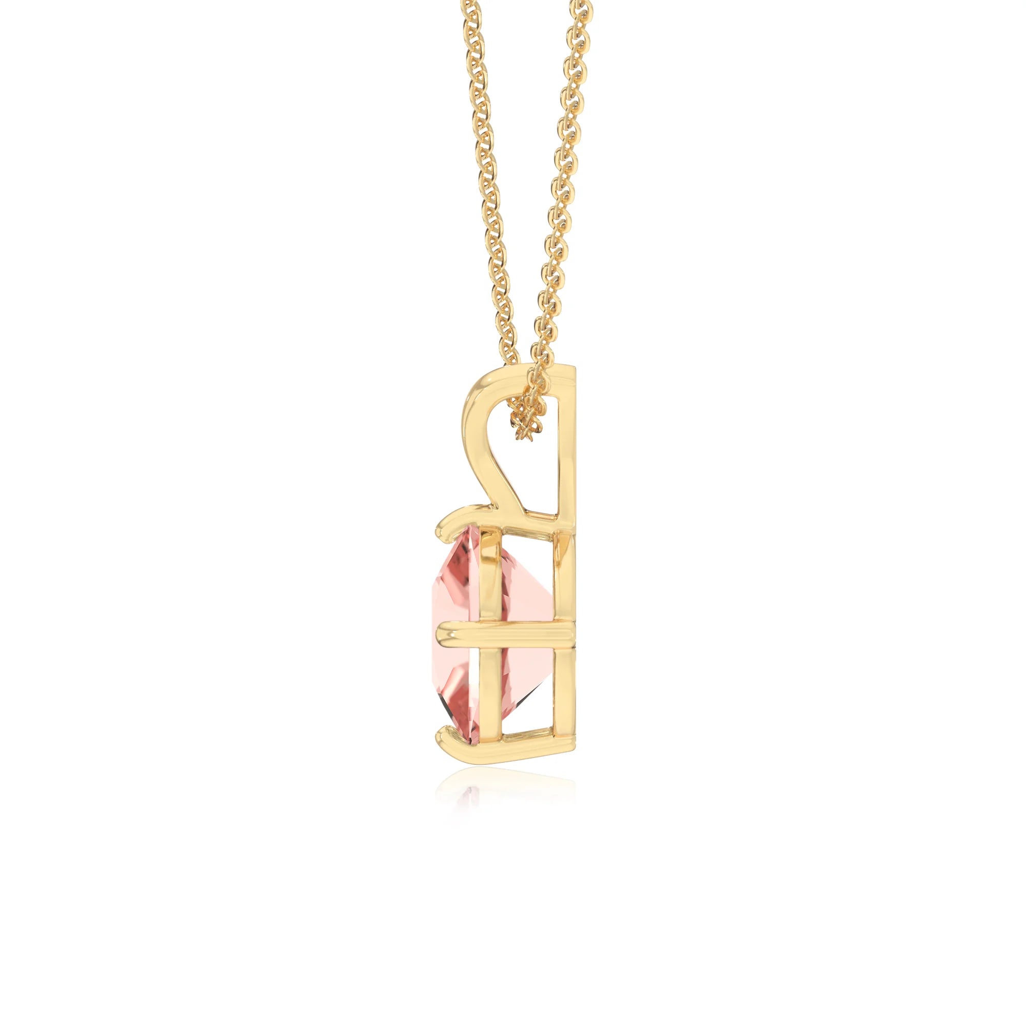 lab grown morganite cushion solitaire v-bale necklaces in yellow gold 