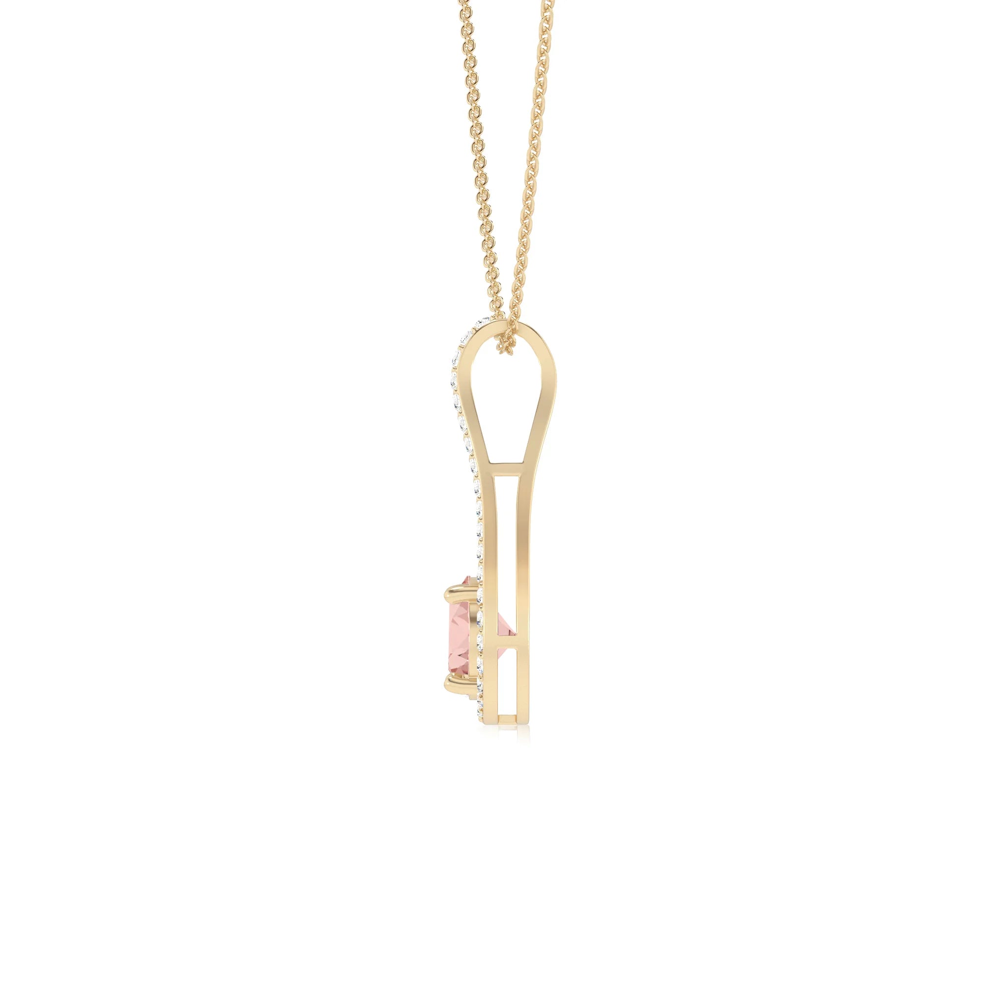 lab grown morganite round solitaire v-bale necklaces in yellow gold 
