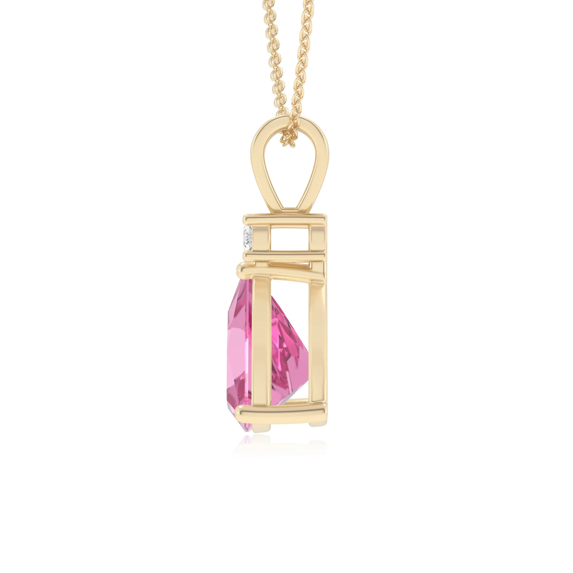 lab grown pink-sapphire trillion solitaire v-bale necklaces in yellow gold 