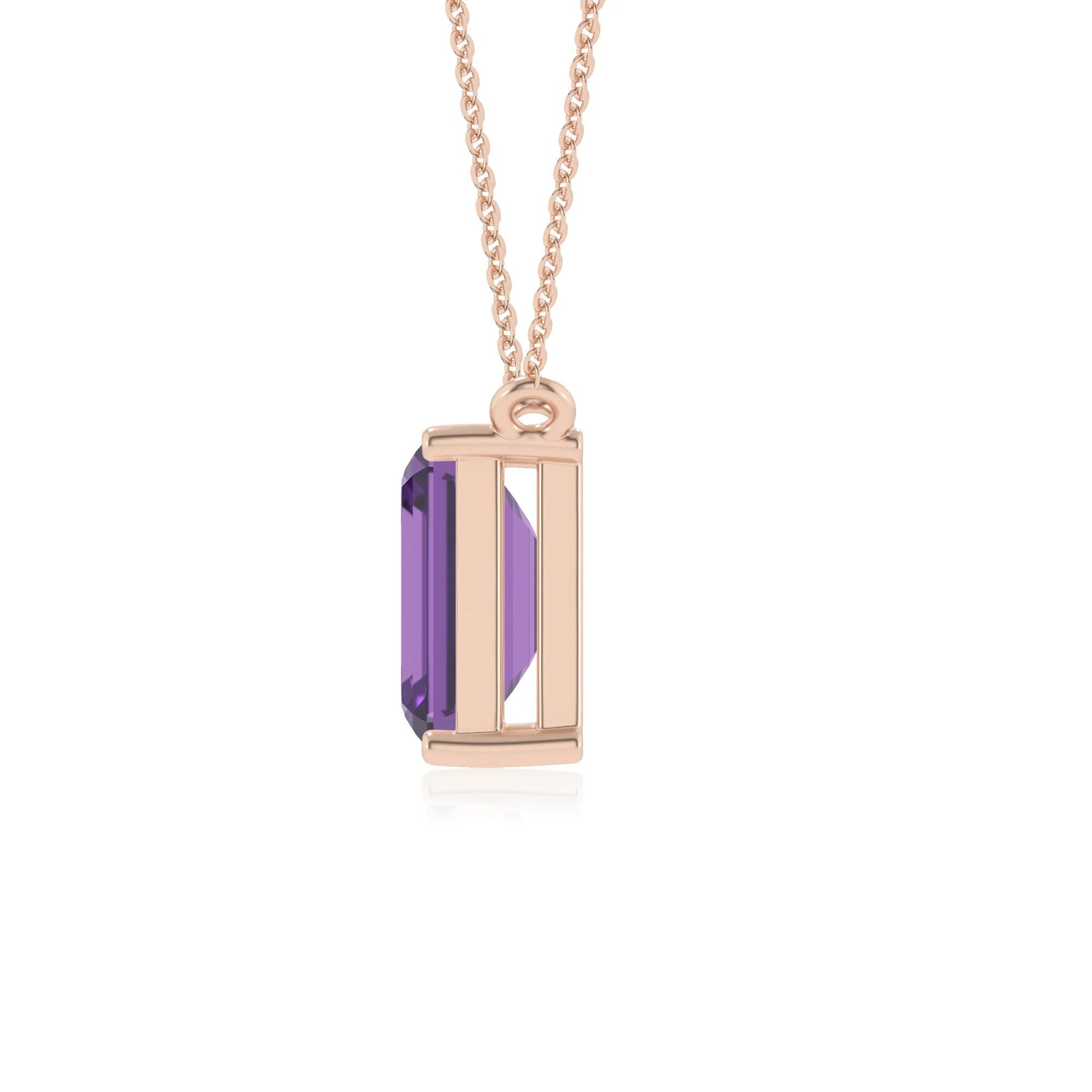 lab grown amethyst emerald cut solitaire necklaces in rose gold 